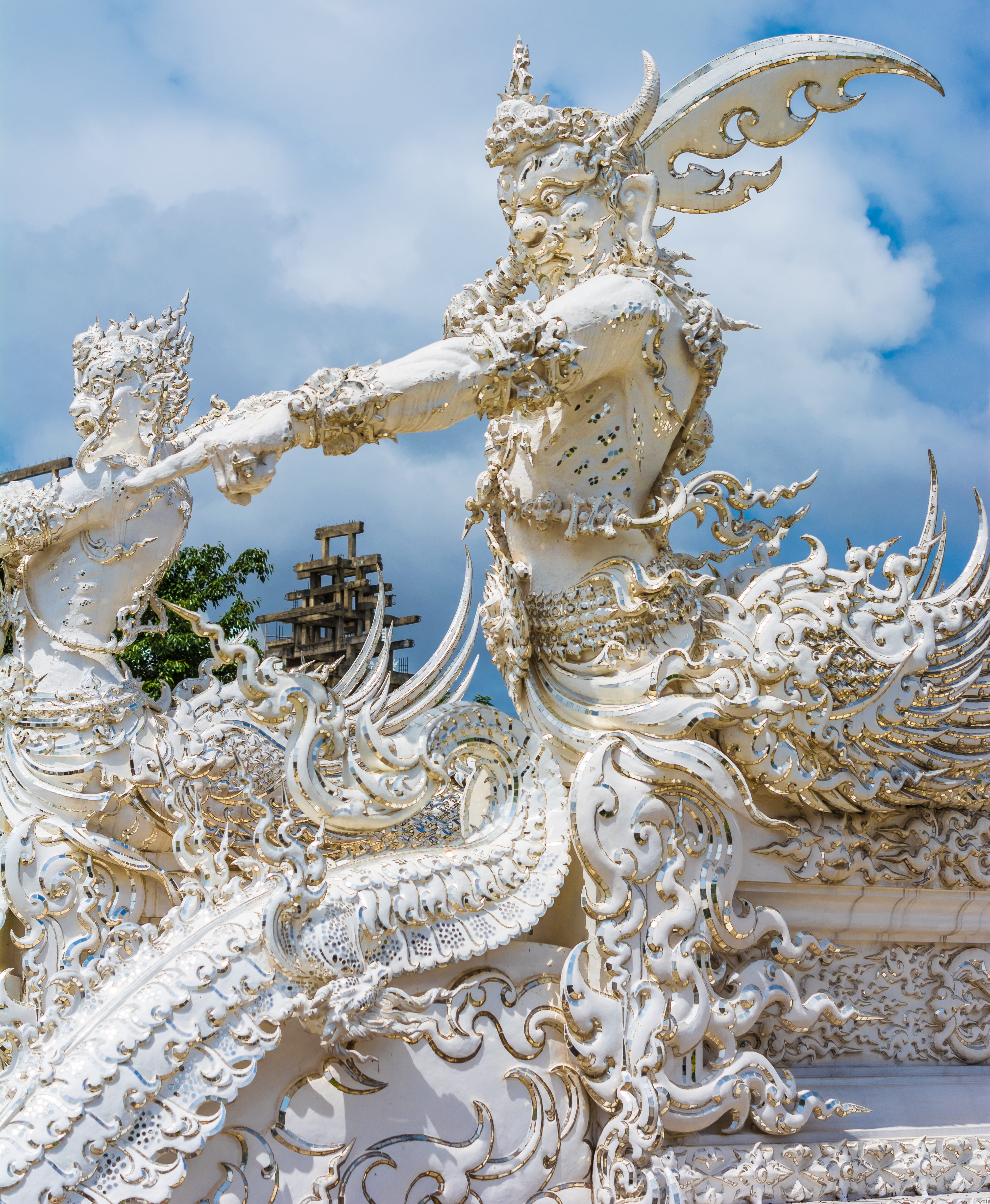 architecture, creativity, sky, statue, no people, asia, 4K, art and craft, pattern, ornate, representation, outdoors, white temple, focus on foreground, Phone HD Wallpaper