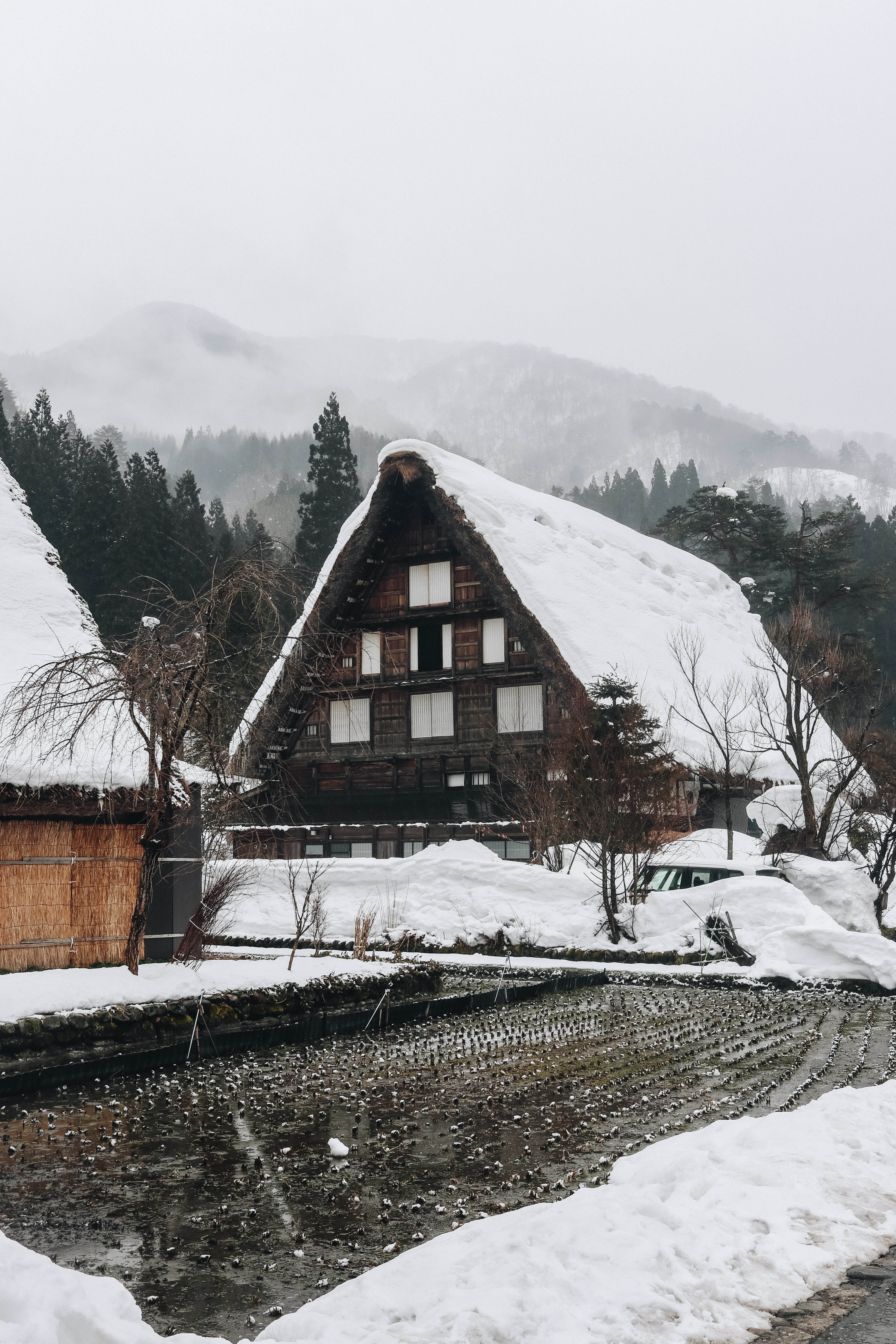 no people, shirakawa, tranquility, cold, village, mountain, cabin, landscape, extreme weather, water, day, building, architecture, plant, cottage, Phone HD Wallpaper