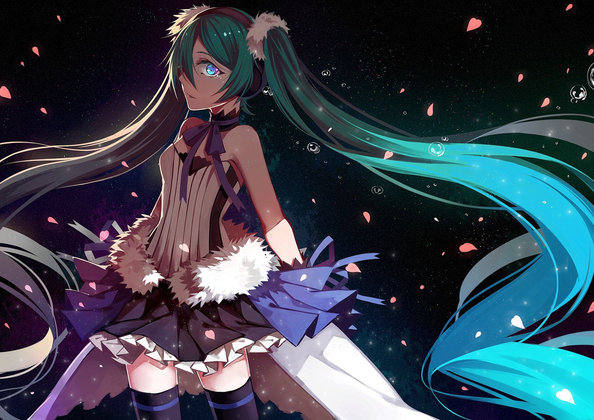 ayan, twintails, 2020, ribbons, hatsune, miku, 1080P, petals, long, thighhighs, 7th, hair, aqua, vocaloid, choker, blue, eyes, dragon, skirt, HD Wallpaper