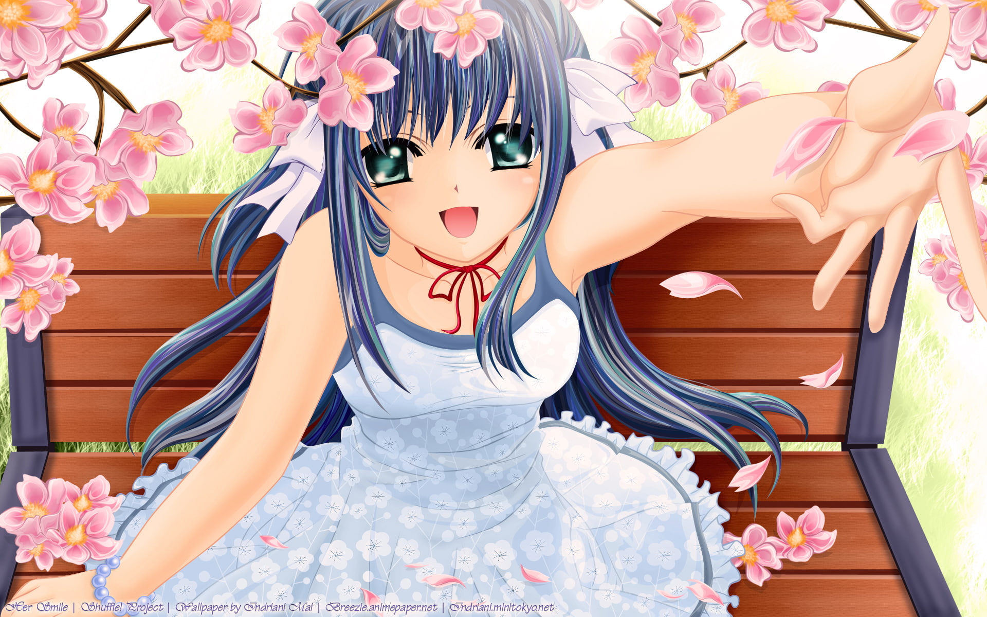 grass, choker, dress, hair, flowers, sakura, 1080P, long, petals, ribbons, green, blue, eyes, yae, shuffle, HD Wallpaper