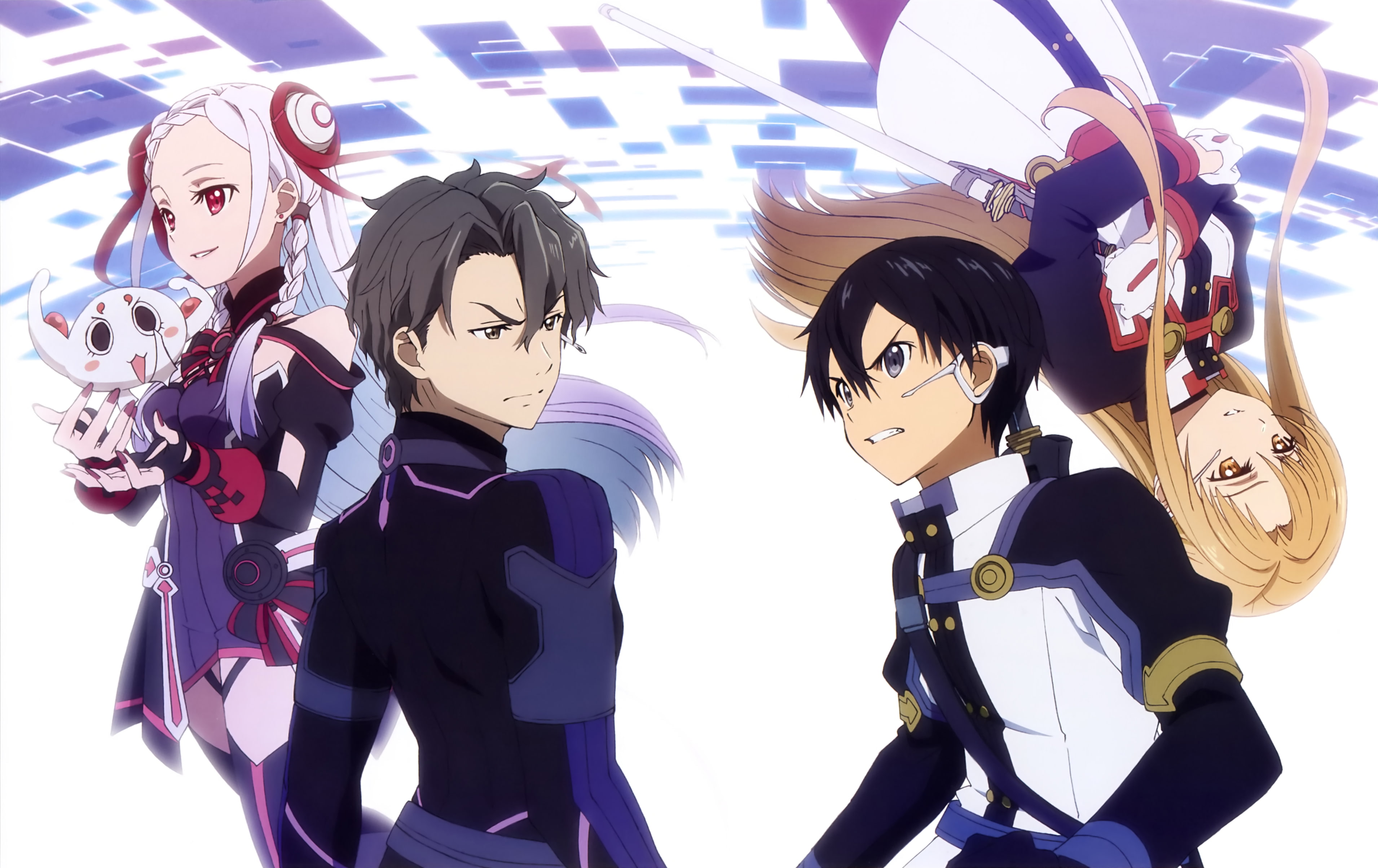 male, com, brown, red, sword, 2girls, eyes, long, group, scan, white, black, thighhighs, konachan, hair, yuuki, dress, ribbons, 2K, braids, asuna, weapon, HD Wallpaper