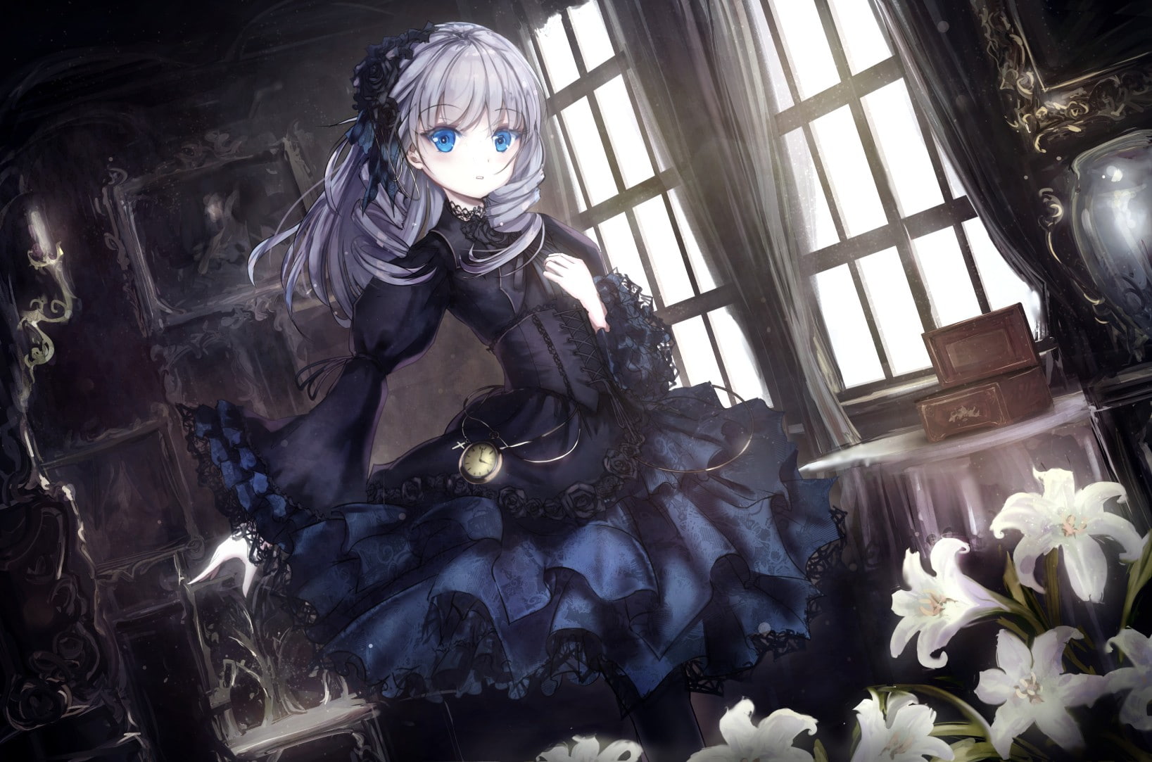 long hair, 720P, blue eyes, purple dresses, gray hair, ribbon, flowers, HD Wallpaper