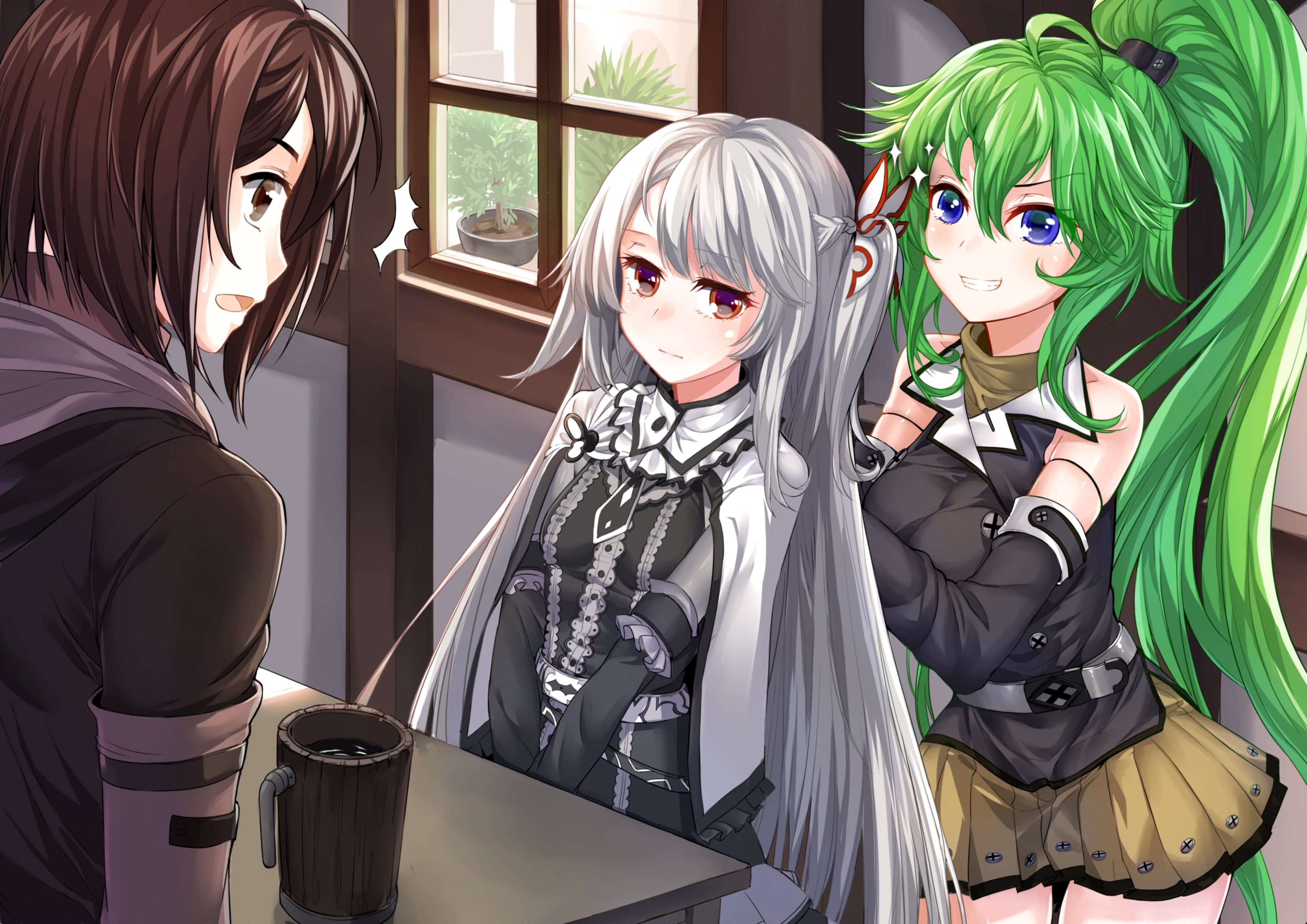 people, portrait, gray hair, purple eyes, representation, green hair, looking at camera, costume, short hair, long hair, 2K, anime girls, leisure activity, HD Wallpaper