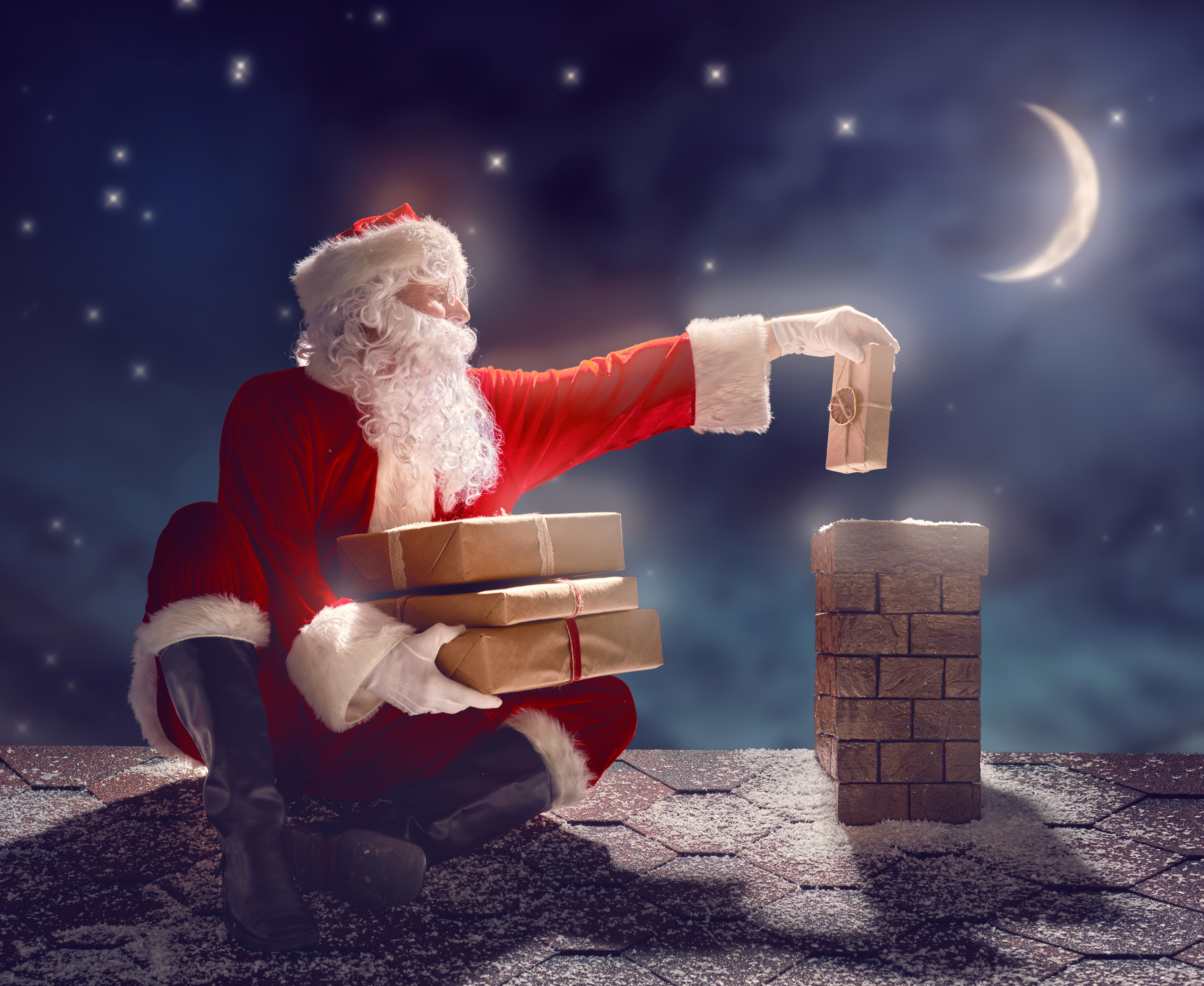 the sky, throws, winter, gloves, stars, beard, night, the situation, gifts, light, a month, red, Santa Claus, boots, pipe, snow, roof, glasses, hat, coat, HD Wallpaper