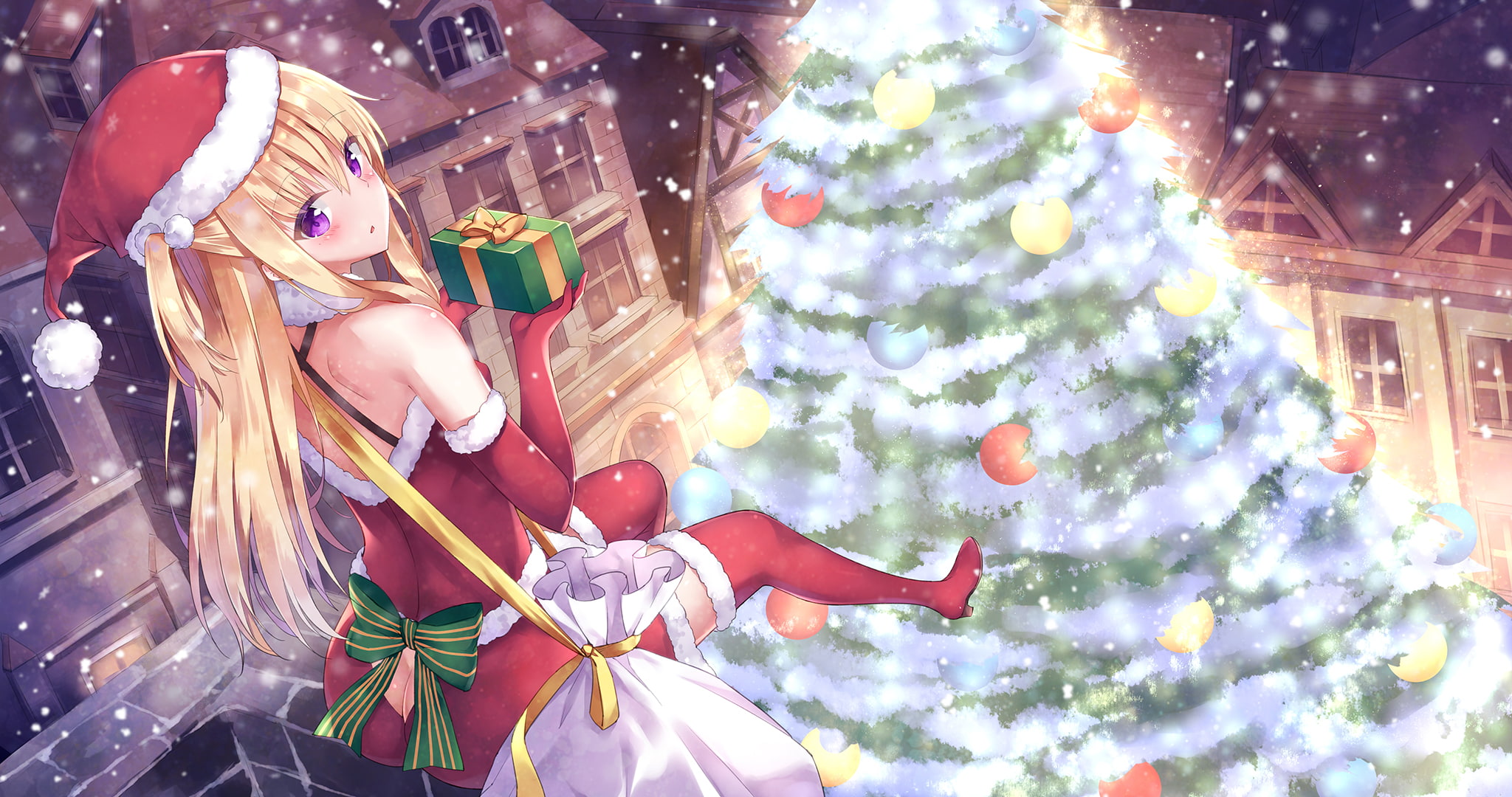 konachan, tan, hat, original, hair, long, snow, eyes, purple, blush, costume, com, blonde, bow, building, santa, rong, tree, 1080P, winter, ribbons, dress, HD Wallpaper