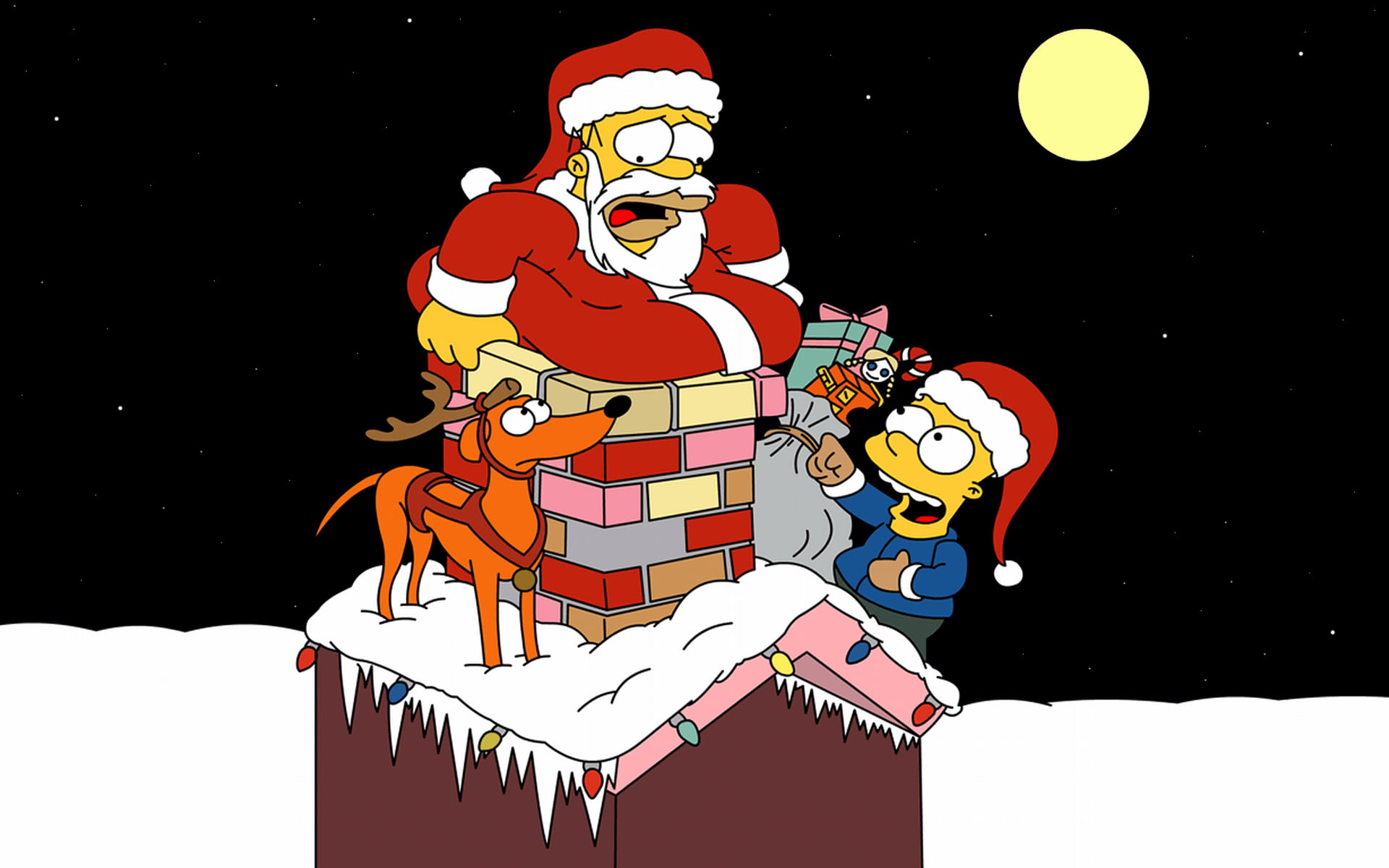 Santa, the simpsons, cartoon, traditional festival, human representation, night, humor, snow, design, icicles, mustache, season, Bart, holiday, hat, cultures, HD Wallpaper