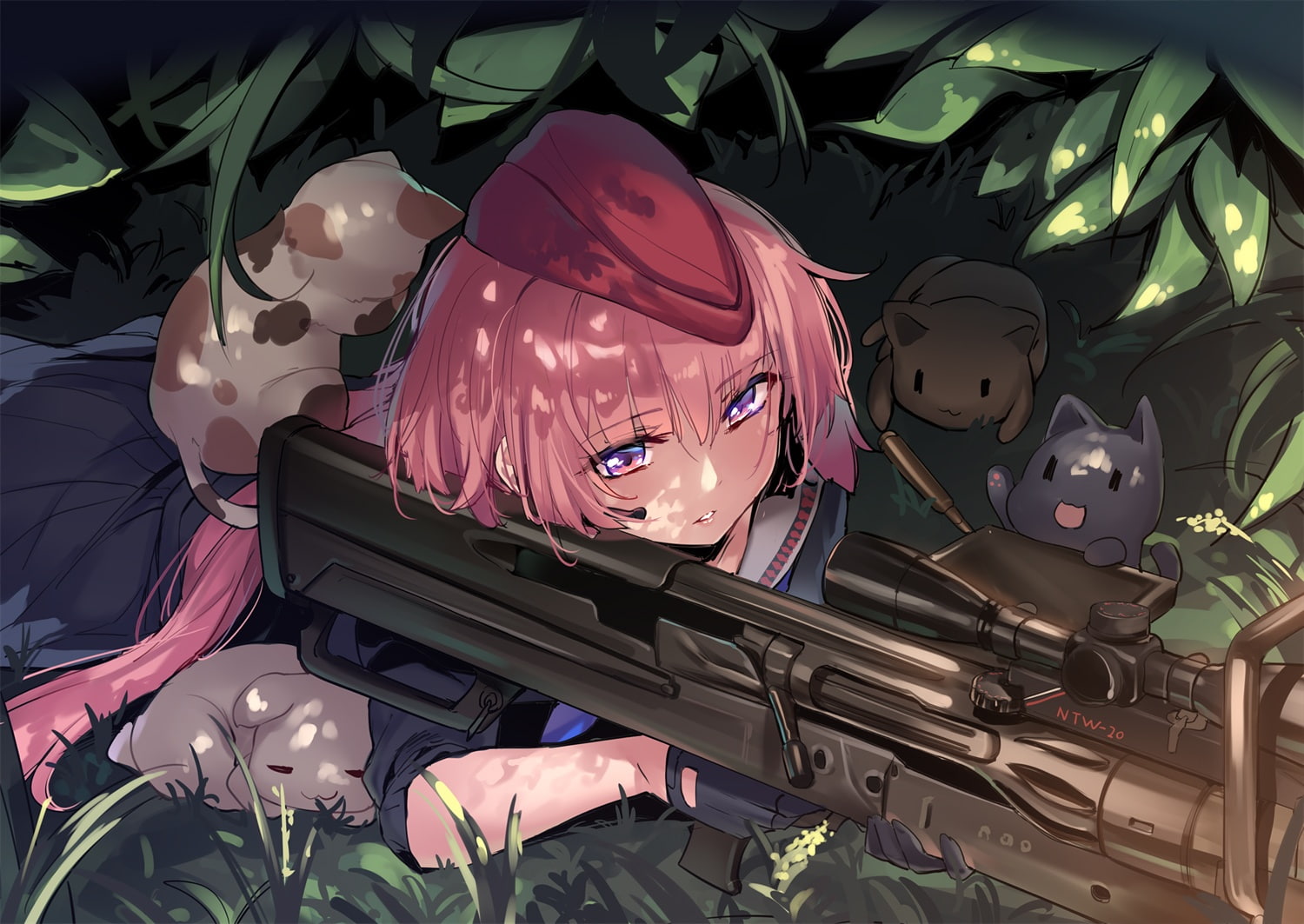 animal, frontline, konachan, com, yaguo, frontline), hair, eyes, 720P, skirt, gloves, weapon, girls, grass, seifuku, cat, gun, hat, (girls, anthropomorphism, HD Wallpaper