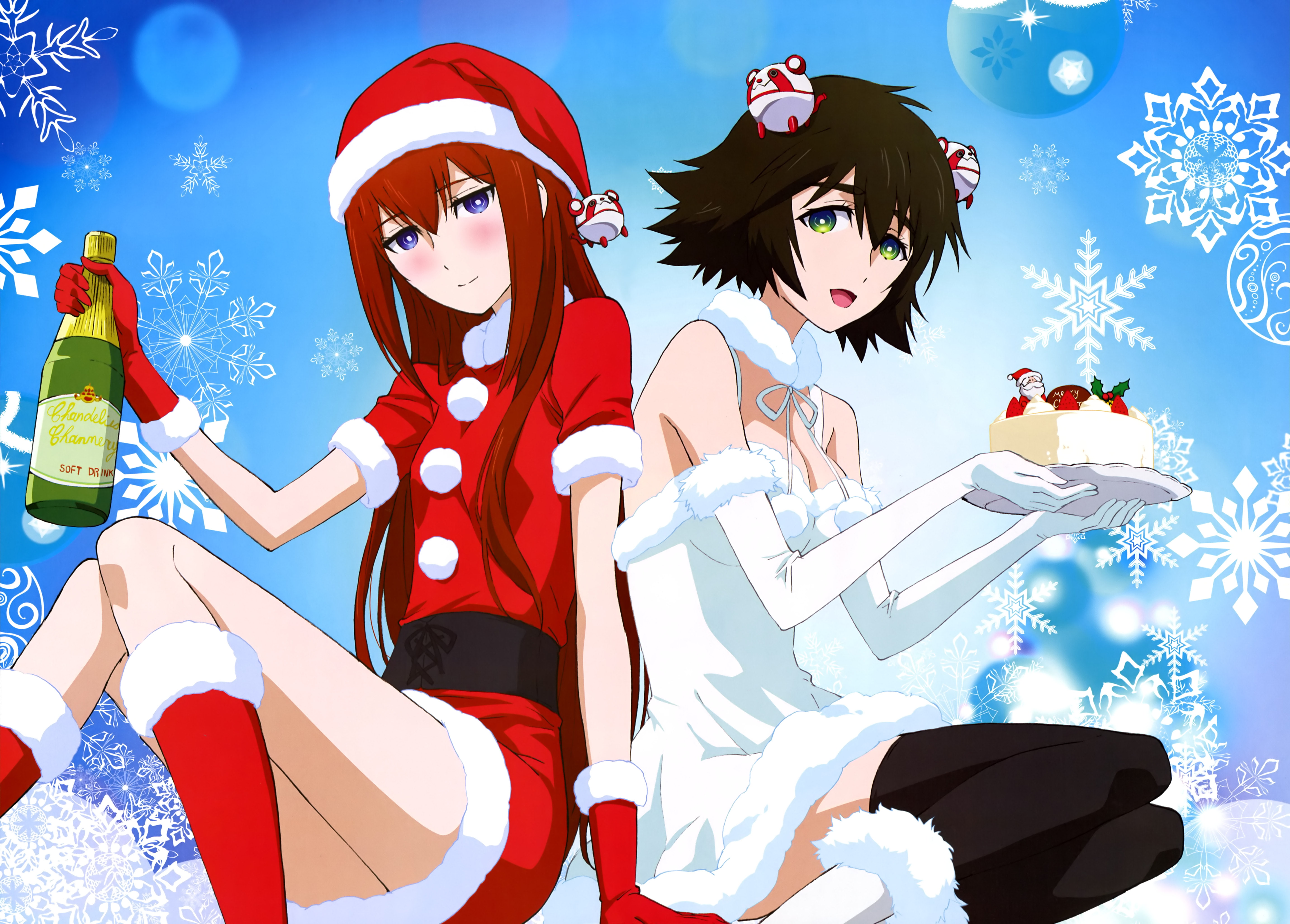 brown, eyes, dress, blue, christmas, 2girls, santa, green, steins;gate, cake, konachan, gloves, 255585, long, hair, food, scan, elbow, drink, hat, com, HD Wallpaper