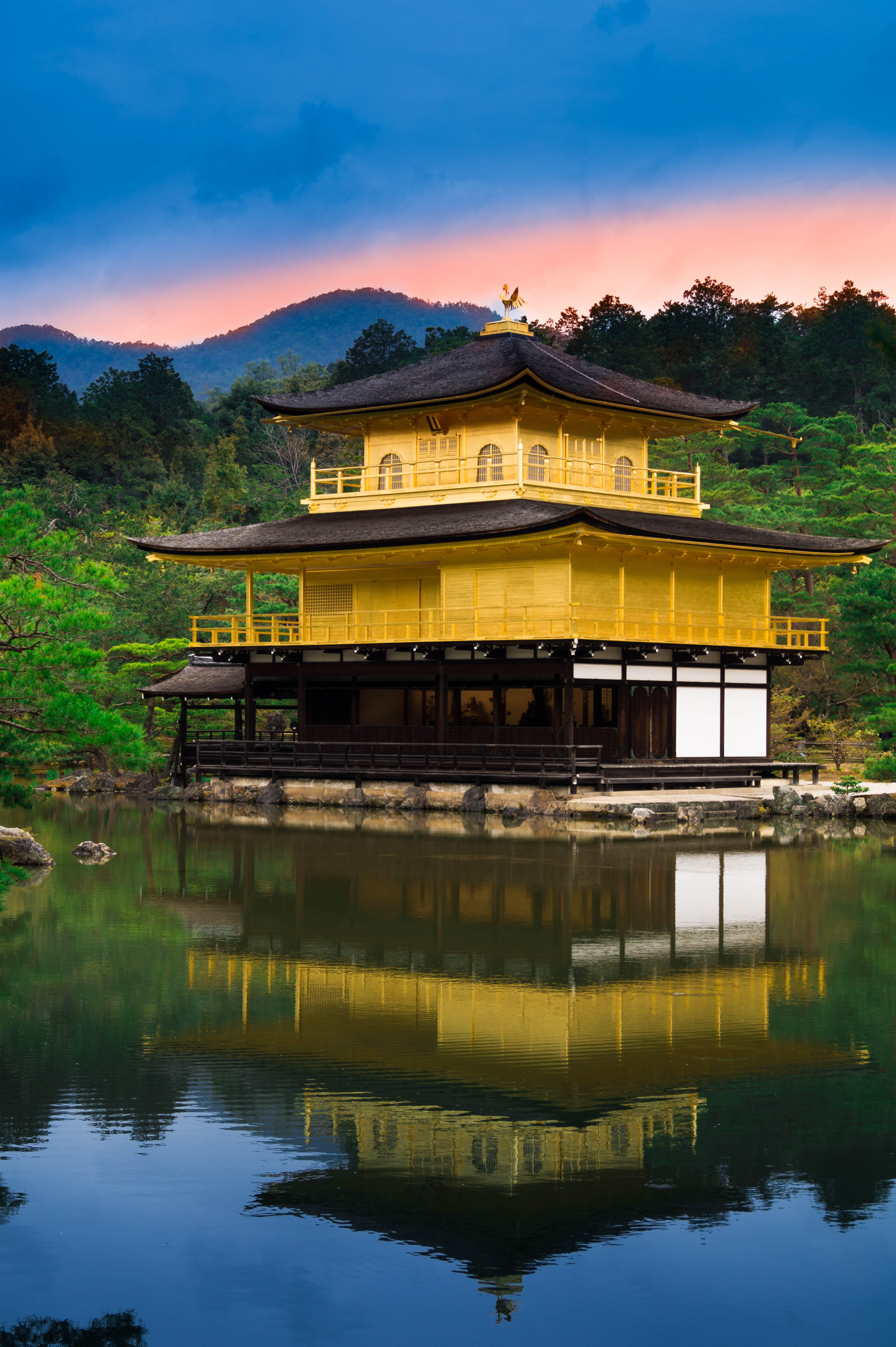 no people, mountain, built structure, tranquility, temple, lake, building exterior, 5K, building, sky, waterfront, golden pavilion, outdoors, reflection, Phone HD Wallpaper