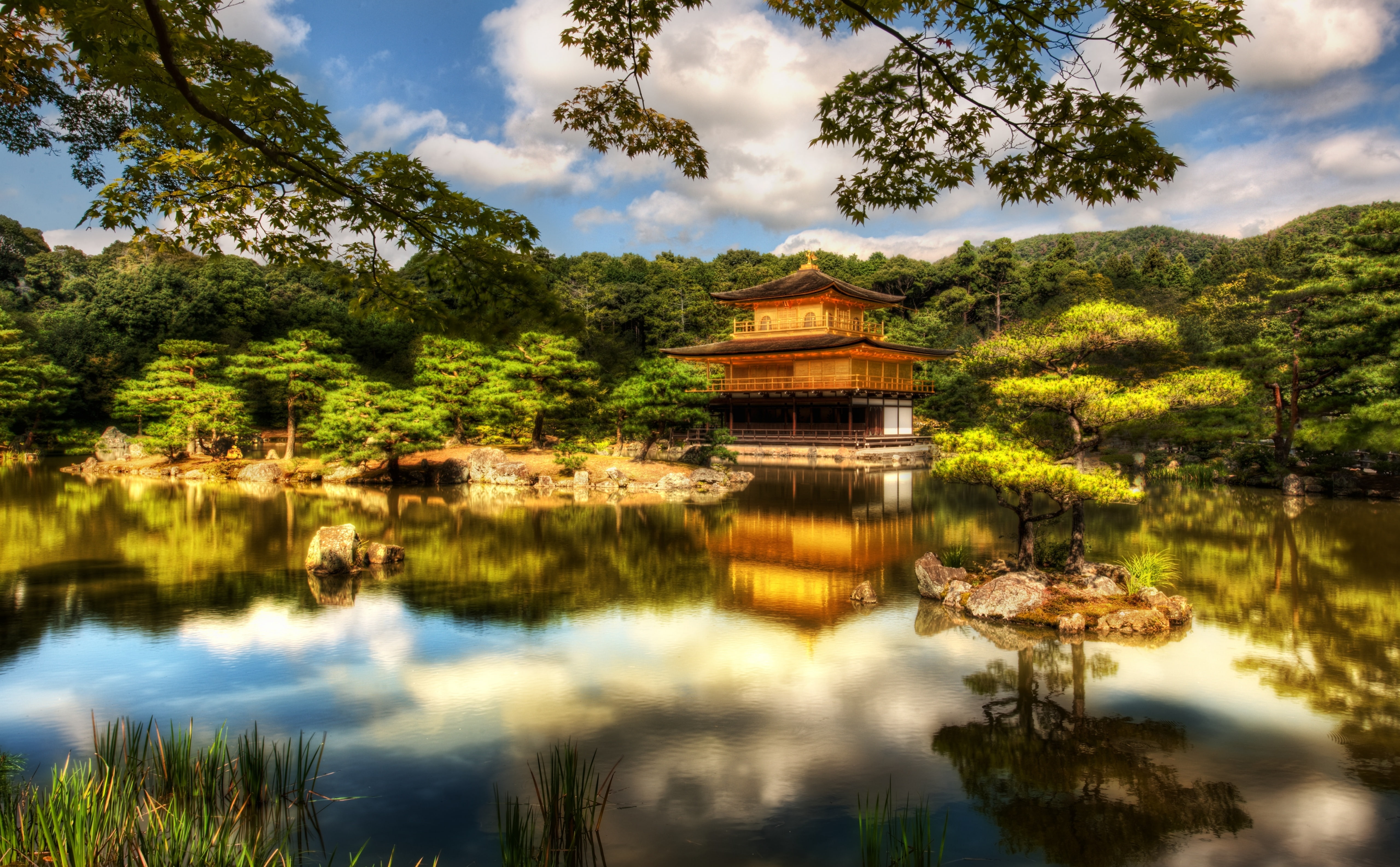 built structure, plant, Garden, architecture, belief, cloud - sky, Asia, Golden, Temple, religion, tranquil scene, Lake, green, Trees, place of worship, HD Wallpaper