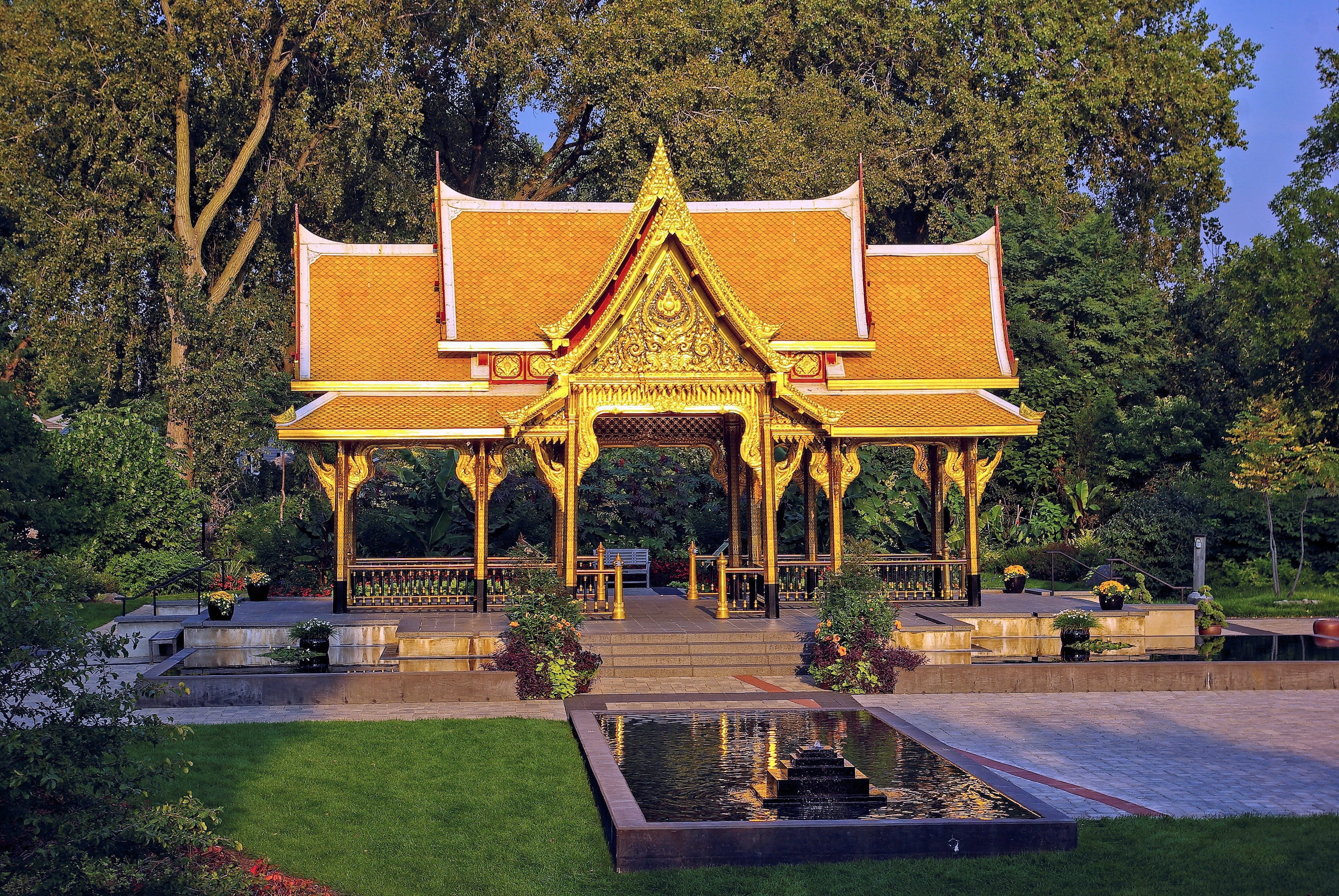 nature, reflection, park - man made space, thailand, shelter, madison, zen, olbrich, outdoors, formal garden, pavilion, tree, blue, wisconsin, golden, belief, HD Wallpaper