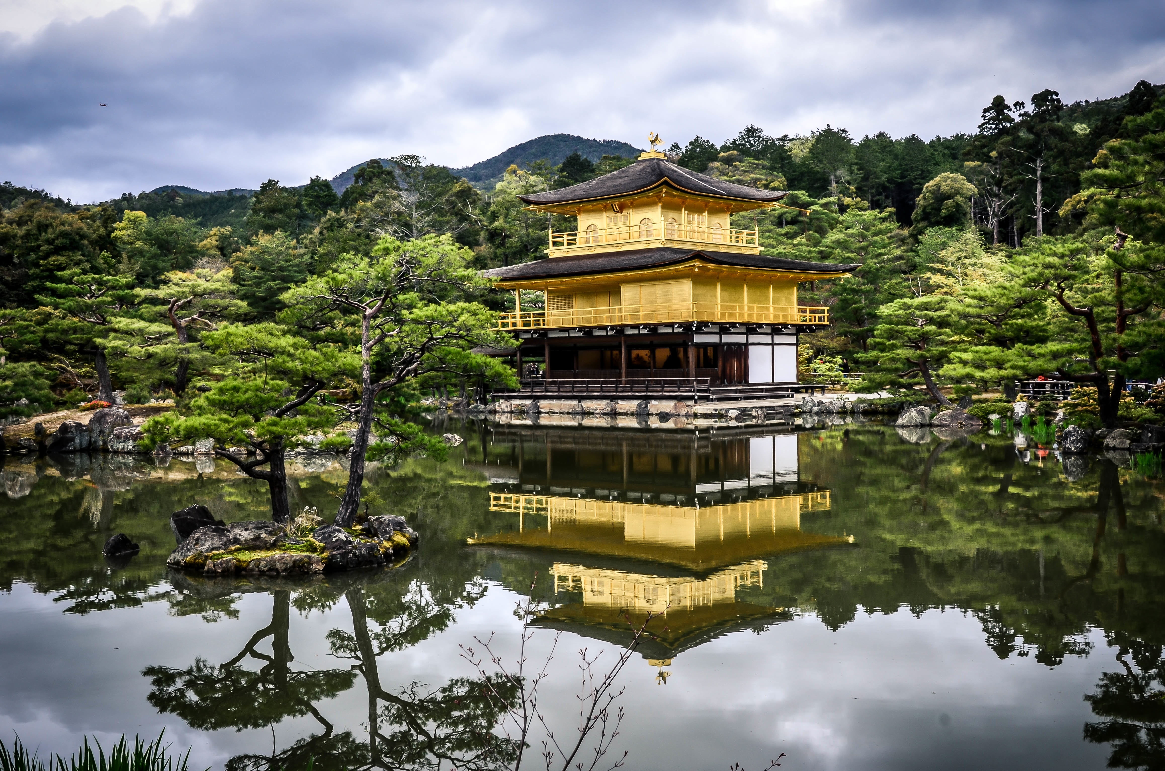 religion, architecture, plant, no people, reflection, outdoors, 4K, travel, travel destinations, Rokuon-ji, Golden Pavilion Temple, classical style, built structure, HD Wallpaper