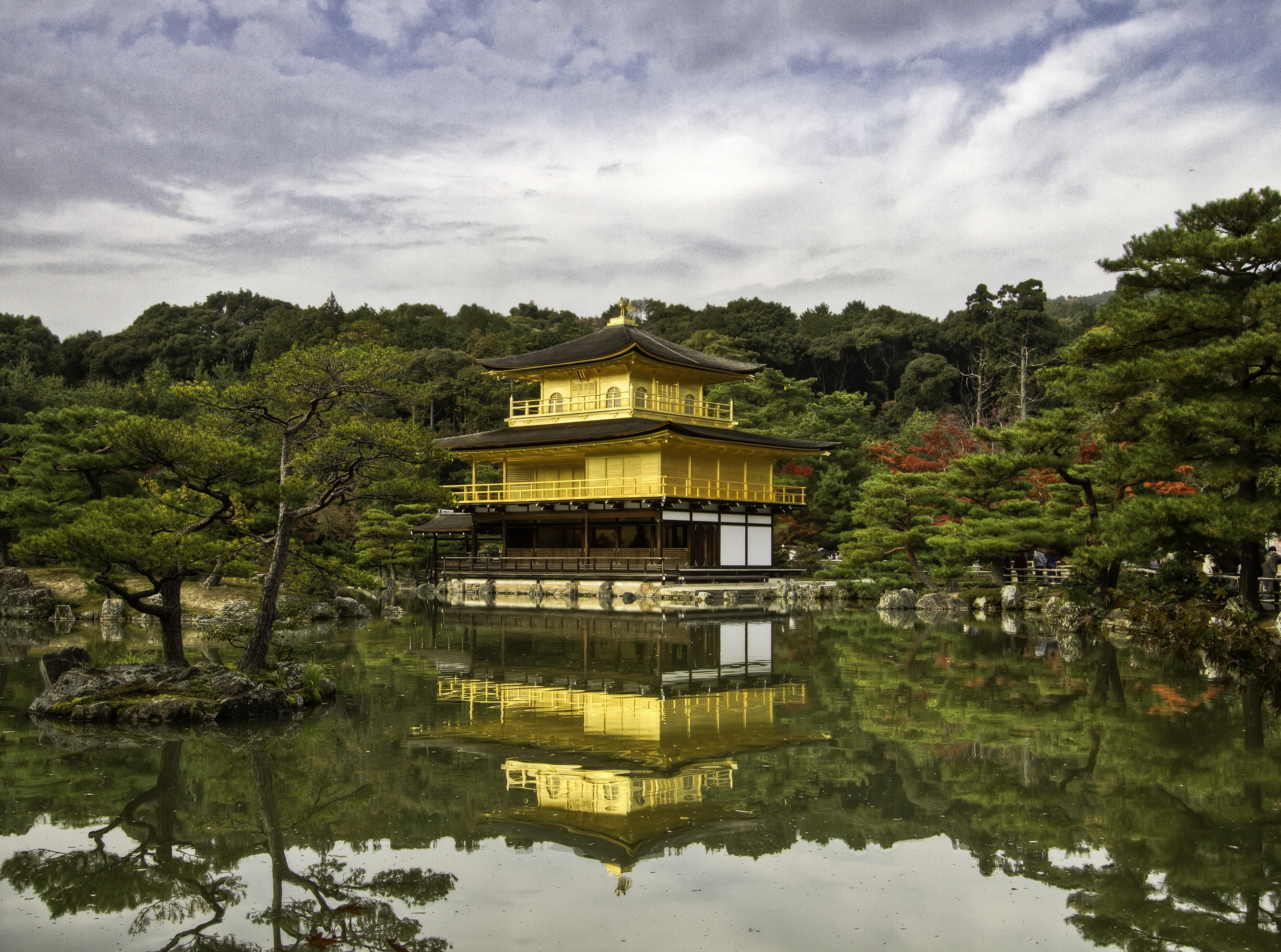 Trees, waterfront, lake, plant, Cloudy, yellow, canon, building, building exterior, belief, kinkakuji, 4K, pavilion, built structure, nature, sky, cloud - sky, HD Wallpaper