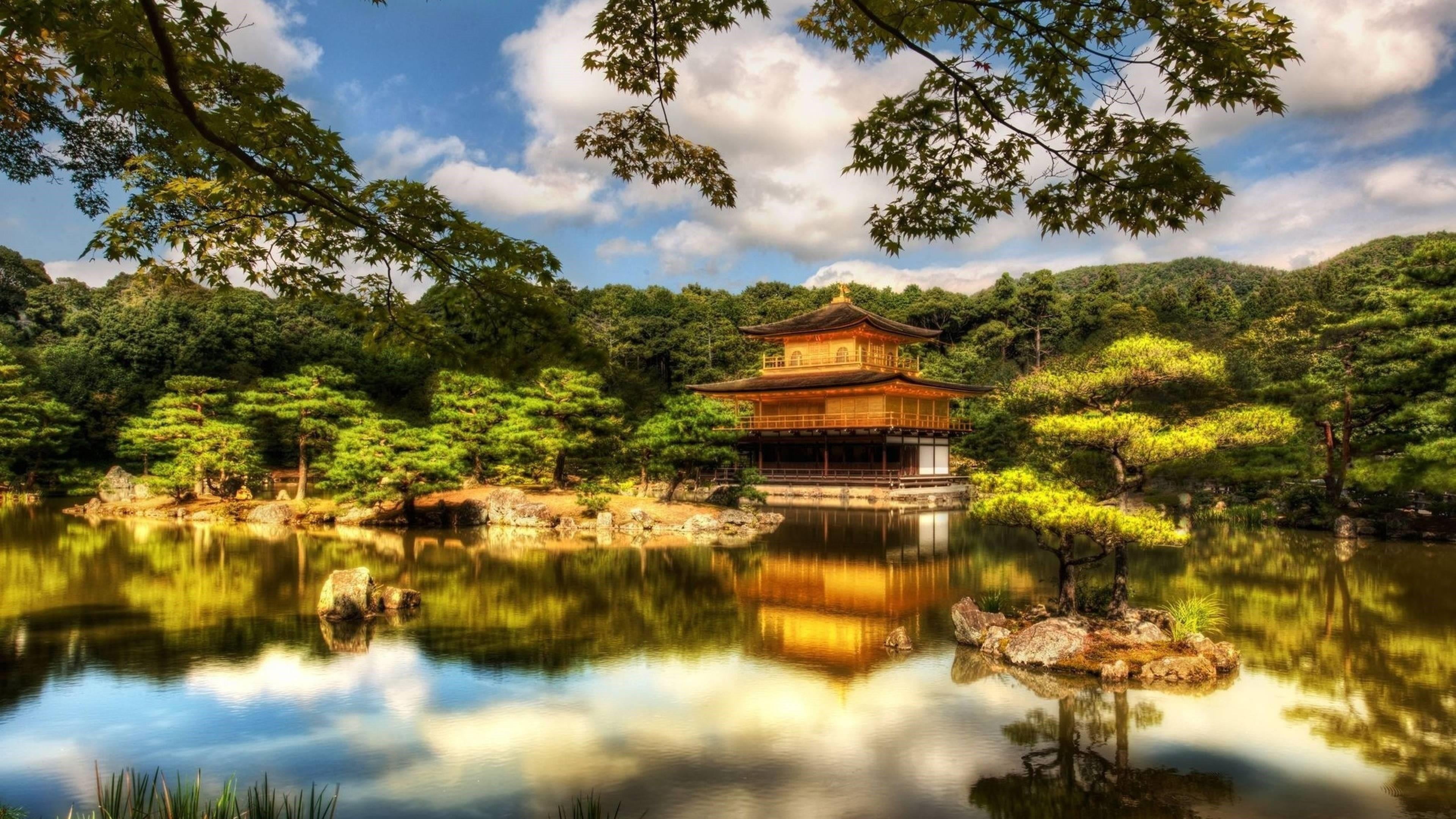 rokuonji, reflection, sky, waterfront, zen, zen temple, tranquil scene, 4K, travel destinations, water, kinkakuji, no people, golden pavilion, architecture, HD Wallpaper