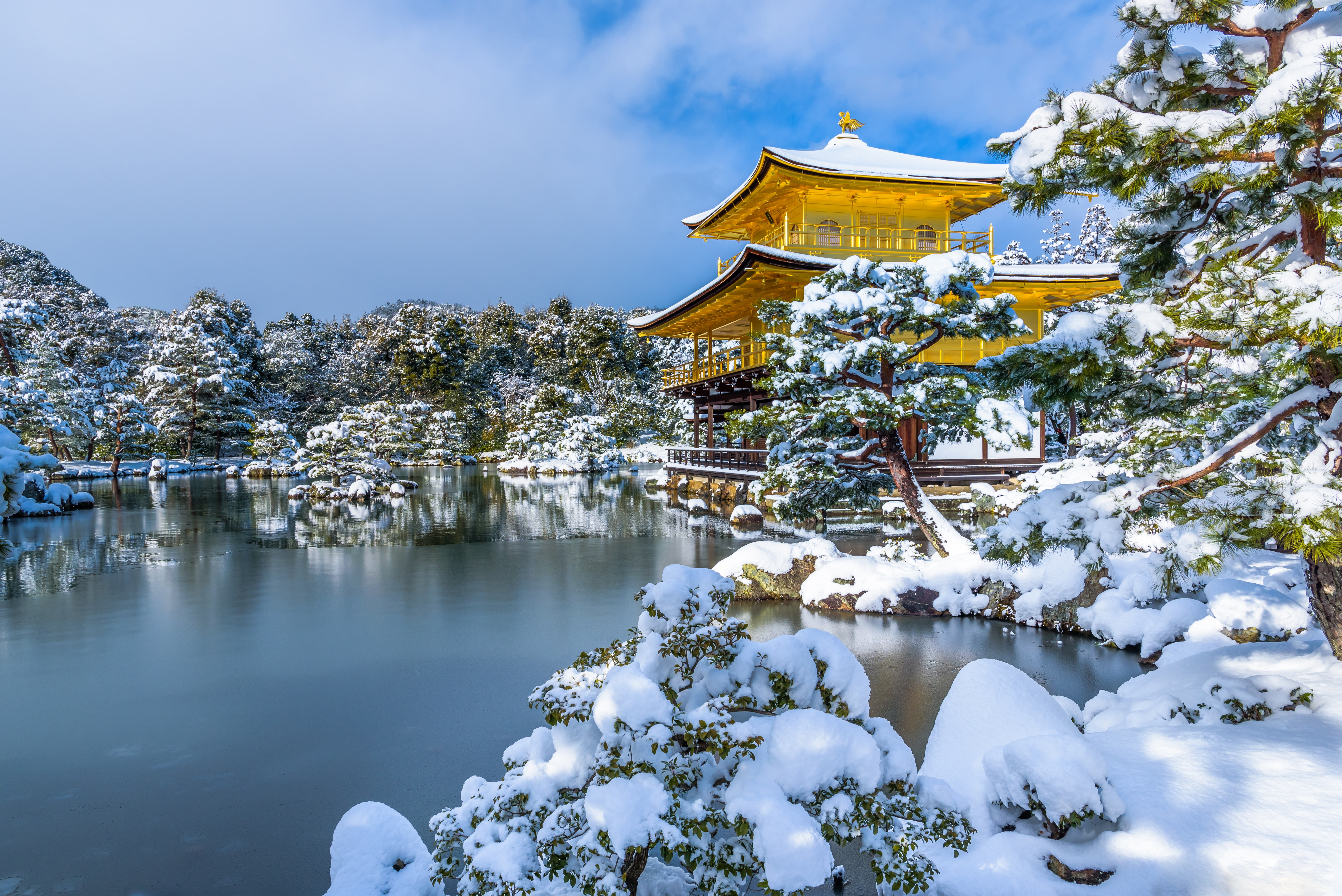 gazebo, tranquility, tree, sky, built structure, yellow, plant, beauty in nature, trees, lake Kakoti, lake, Park, Kyoto, 5K, water, pond, day, Golden Pavilion, HD Wallpaper