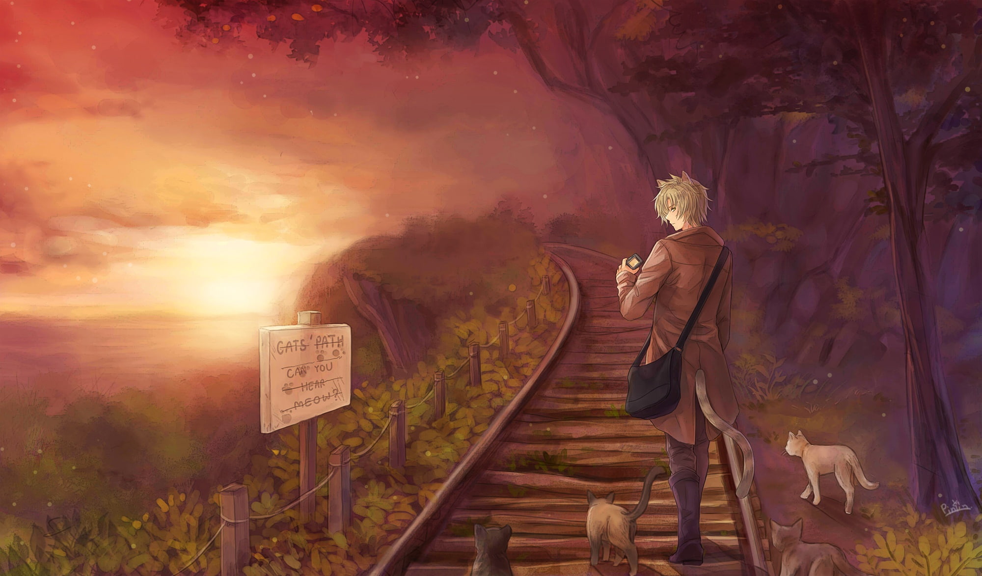 1080P, tail, cat, catboy, tree, 251923, train, male, konachan, ears, scenic, original, animal, blonde, sunset, com, forest, all, short, hair, penguin-pinpin, HD Wallpaper