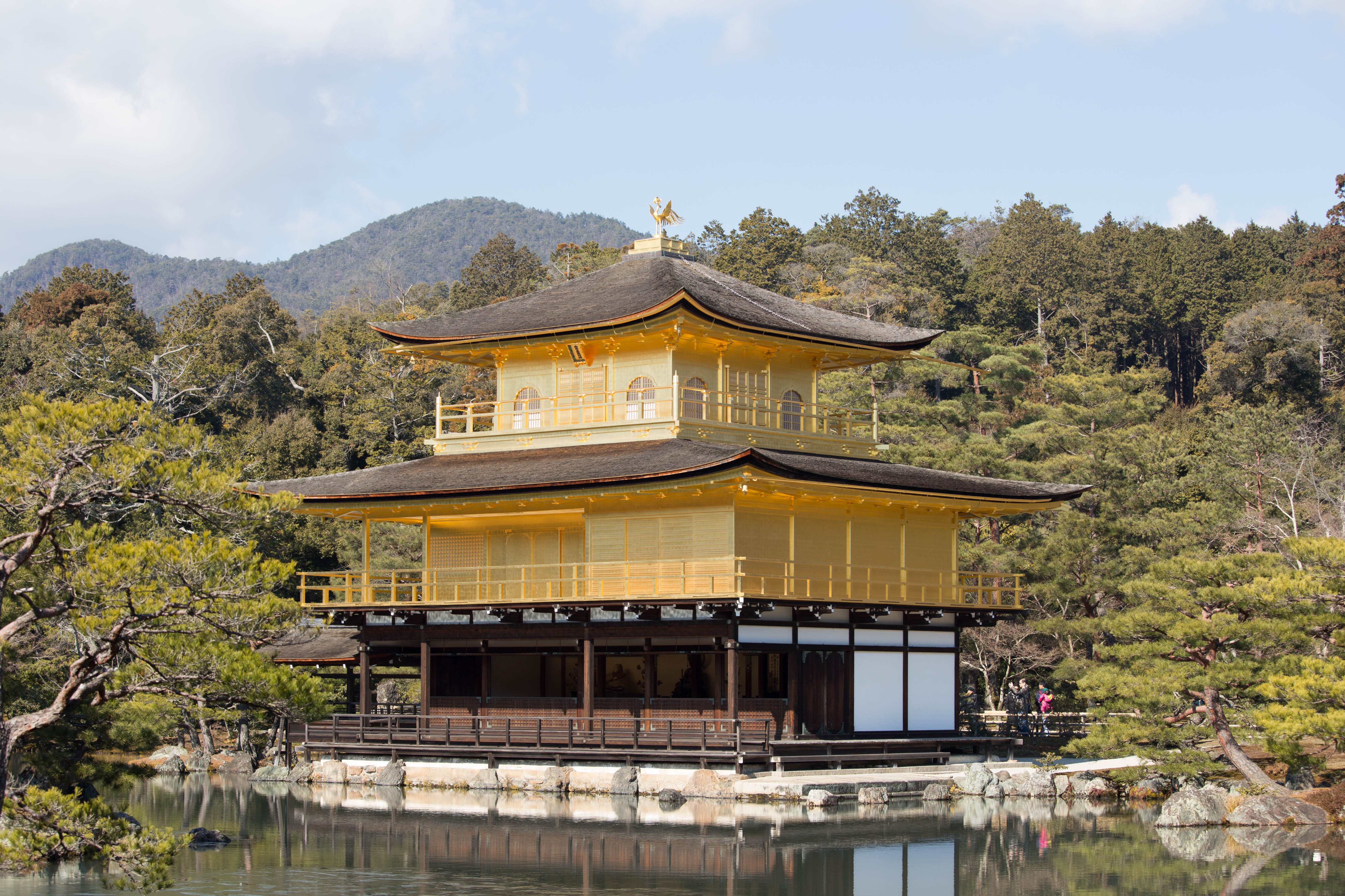 japan, building exterior, no people, nature, plant, built structure, building, beauty in nature, day, water, sky, 5K, lake, kyoto, mountain, temple of the golden pavilion, HD Wallpaper