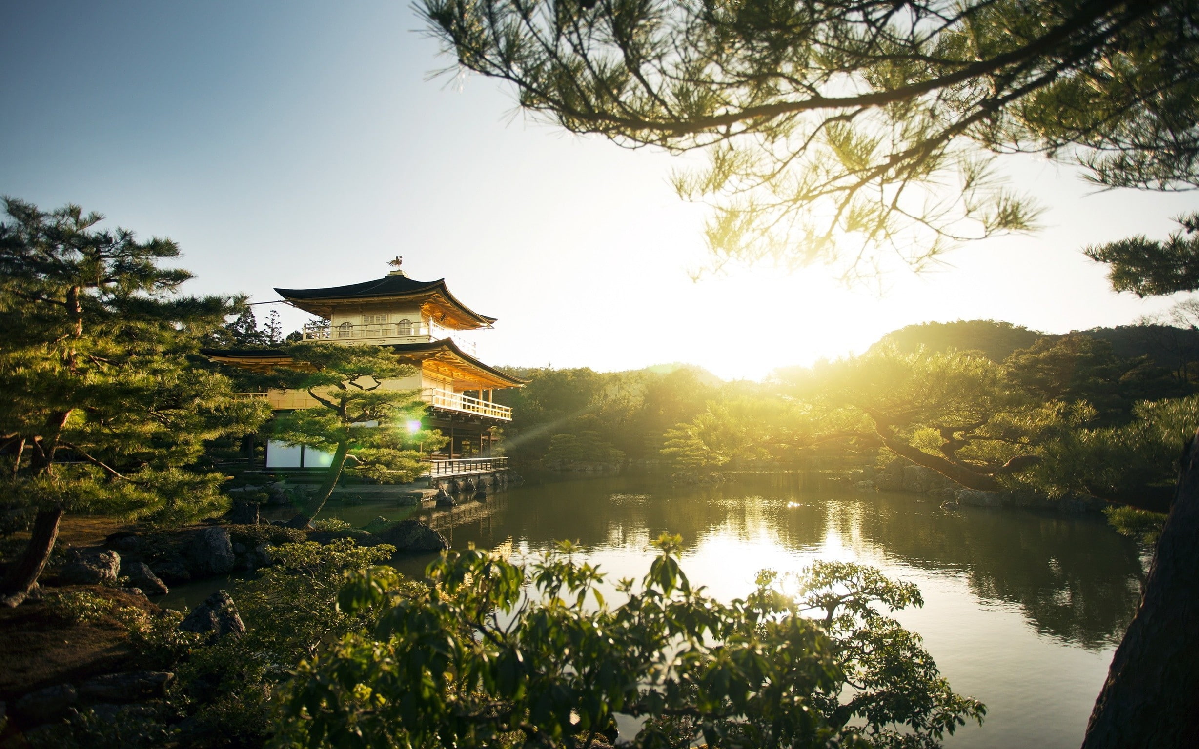 sky, lake, architecture, temple of the golden pavilion asian architecture lake sunlight japan kyoto trees, tree, outdoors, building exterior, belief, plant, HD Wallpaper