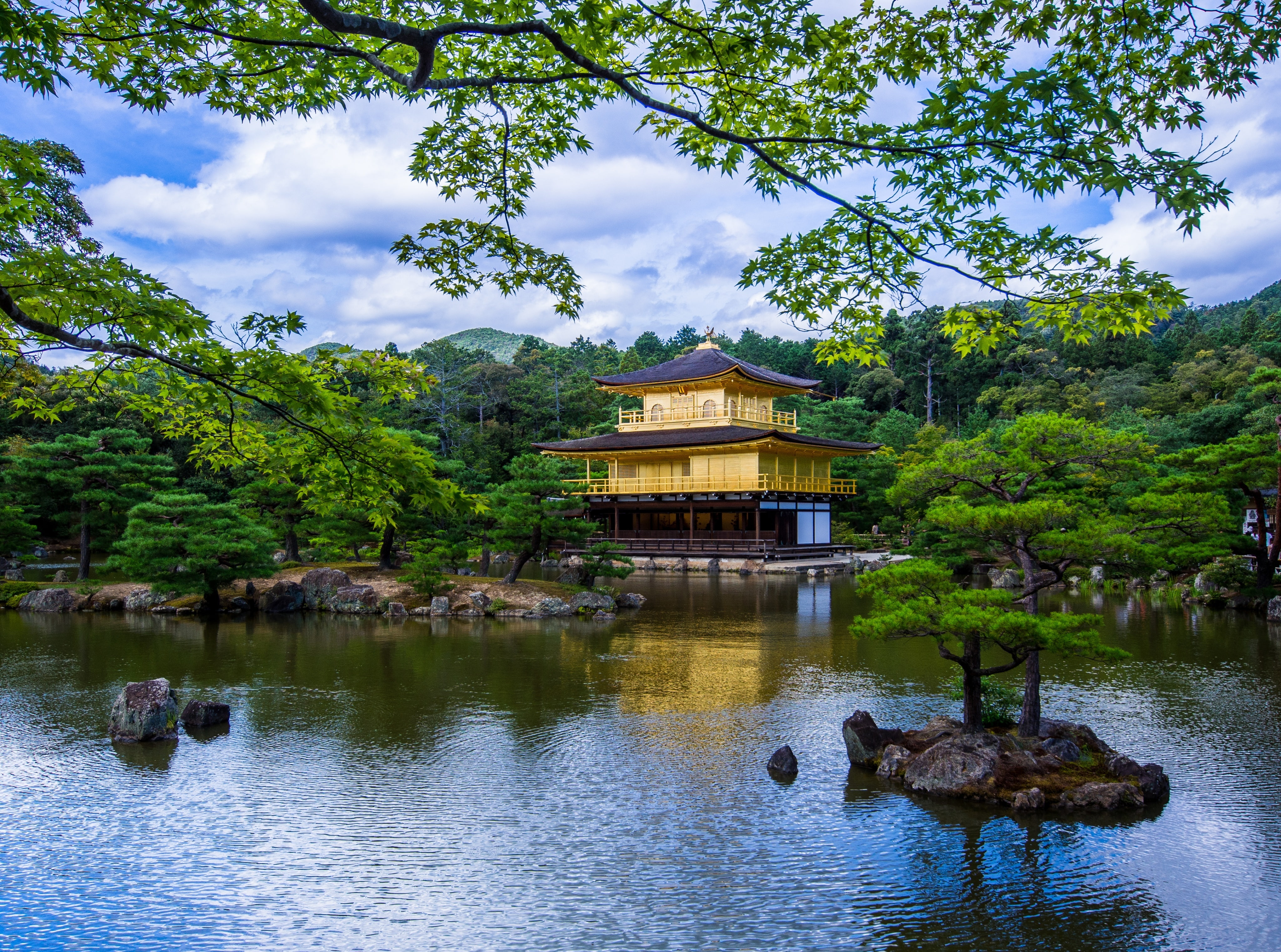 Nature, Trees, place of worship, hd, outdoors, Japan, building exterior, ji, brown, reflection, cloud - sky, pagoda, water, 4K, beauty in nature, Garden, HD Wallpaper