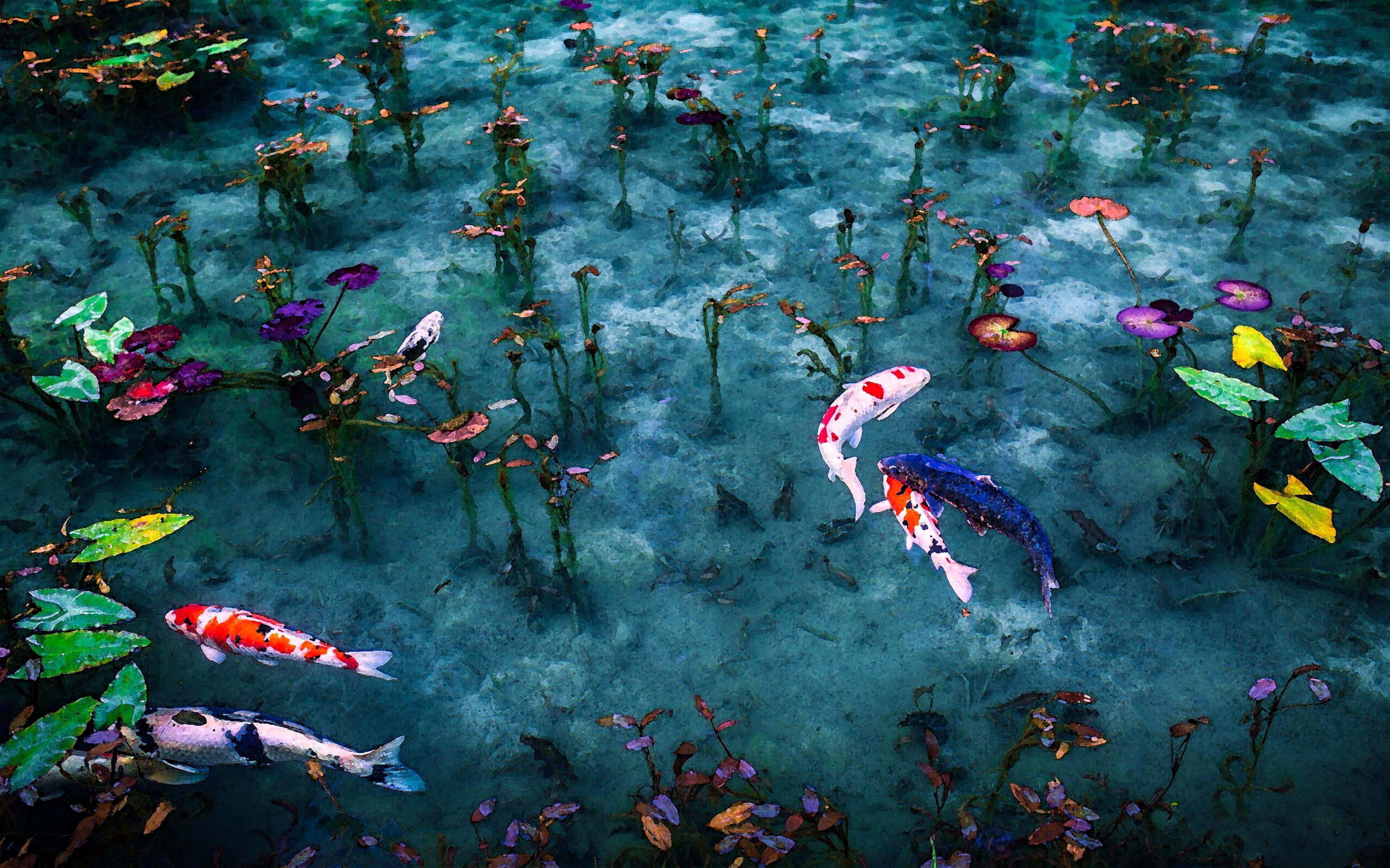 fish, artwork, 4K, pond, leaves, Japan, koi, painting, plants, water, HD Wallpaper