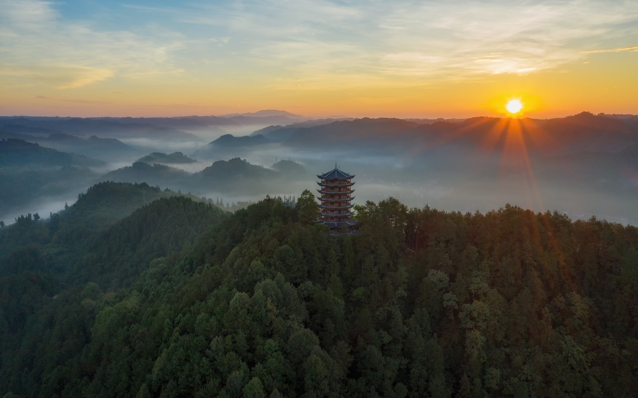 landscape, mountains, mist, sunrise, China, 1080P, Fenghuang, China, HD Wallpaper
