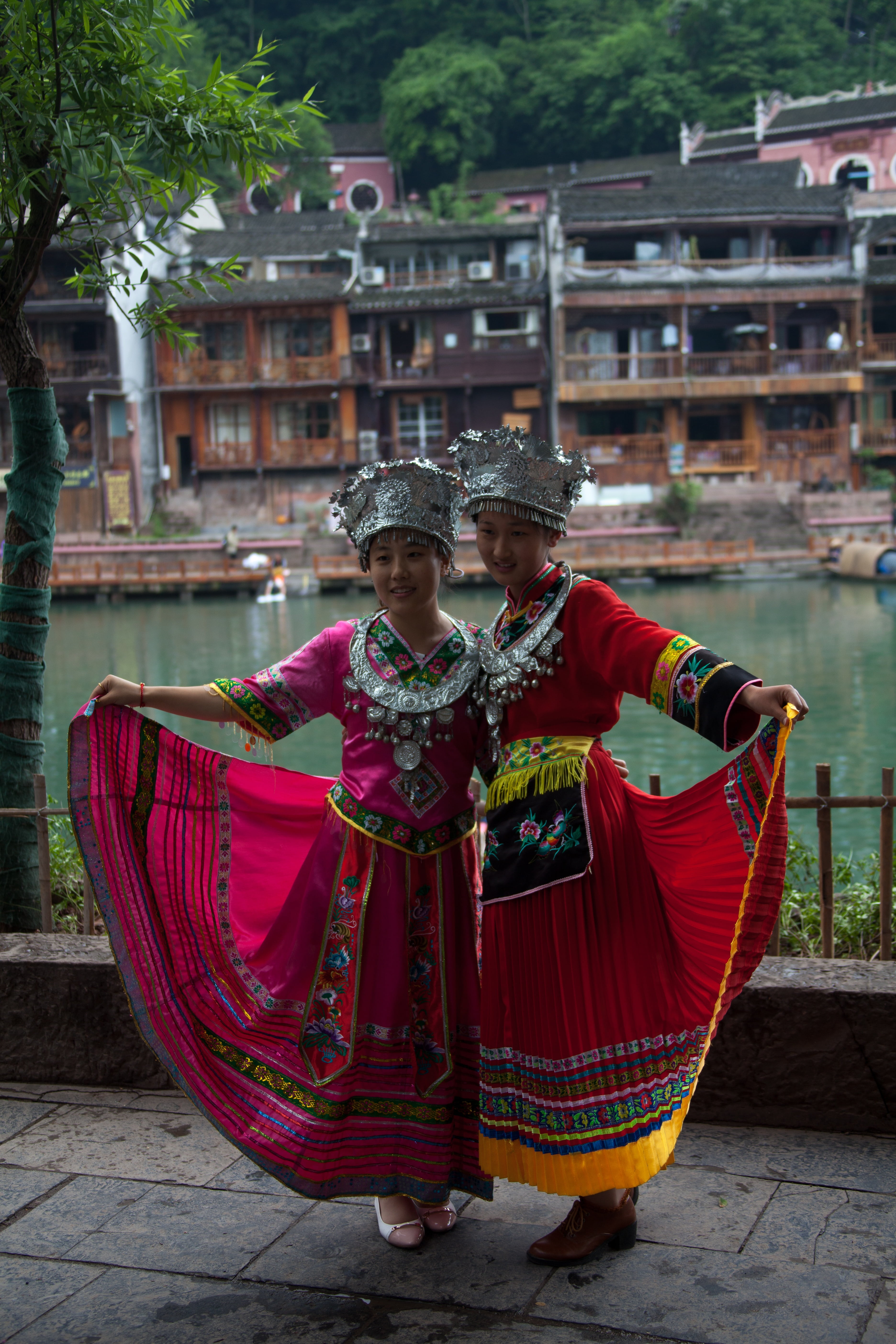 two people, built structure, lifestyles, architecture, china, full length, togetherness, 5K, adult, fenghuang, day, cited lake, traditional clothing, men, Phone HD Wallpaper