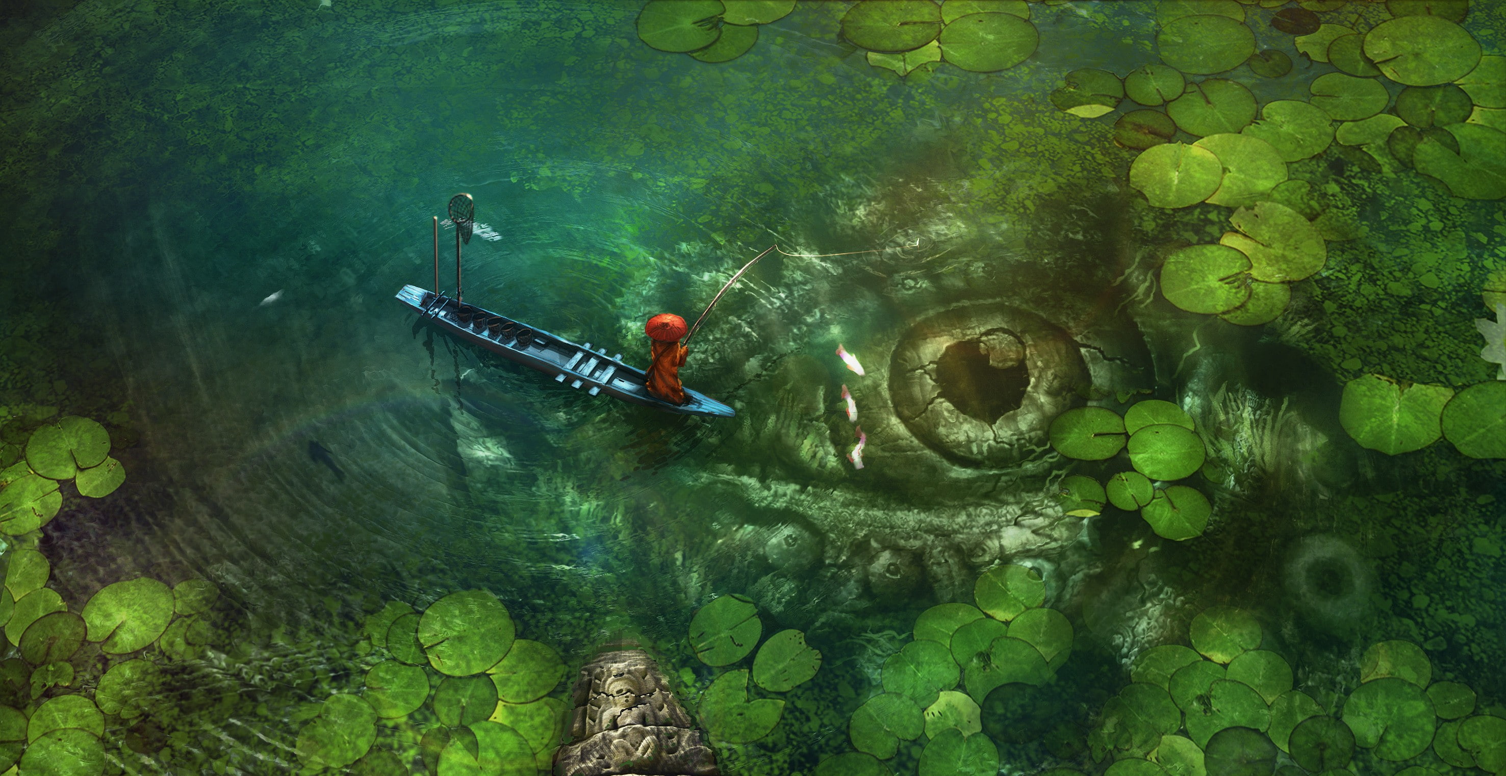 fantasy art, fishing, artwork, 2K, plants, fishing rod, nature, boat, pond, eyes, HD Wallpaper