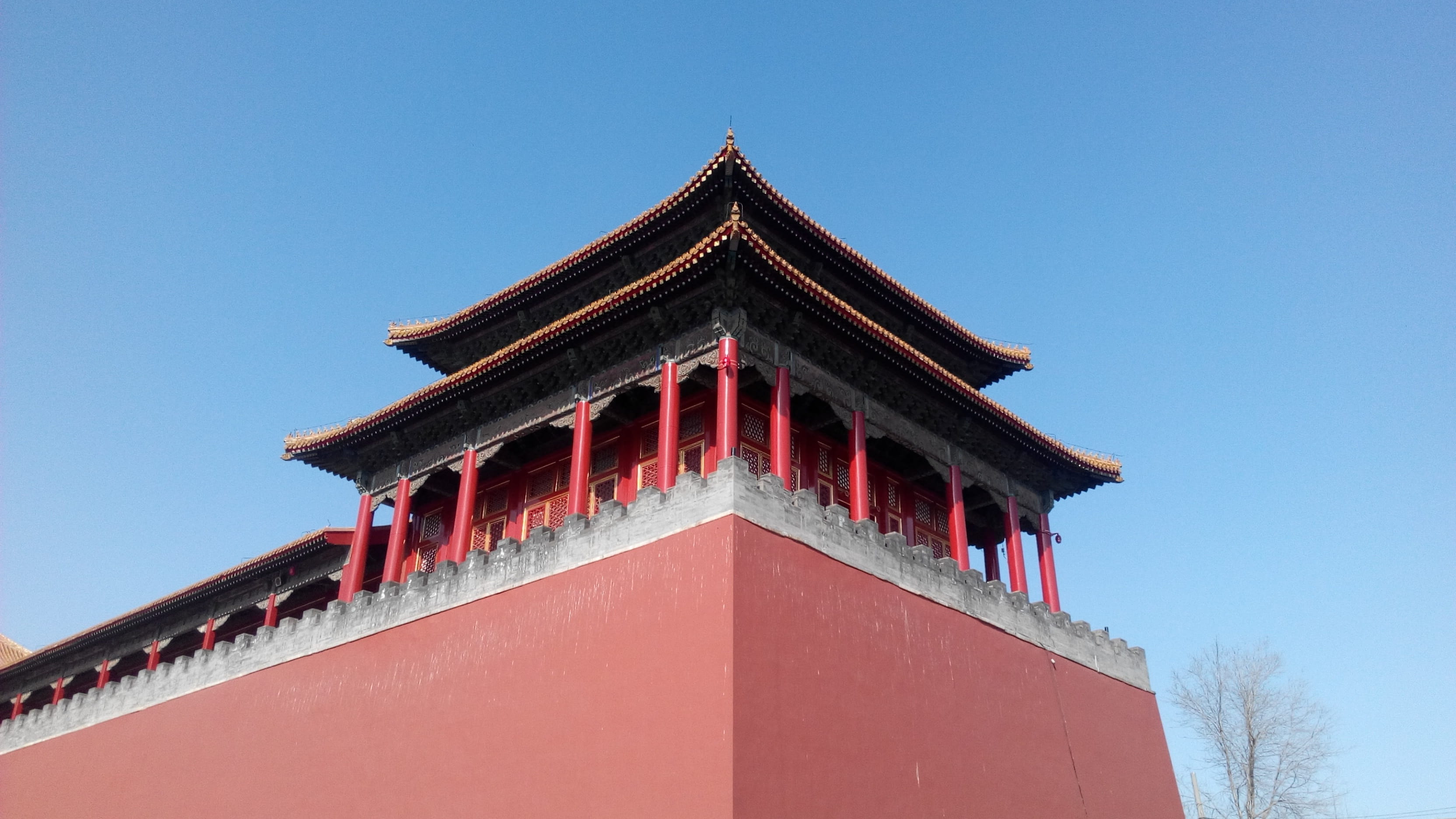 clear sky, Beijing, 2K, day, red, building exterior, classical style, blue, no people, the national palace museum, nature, outdoors, travel destinations, HD Wallpaper