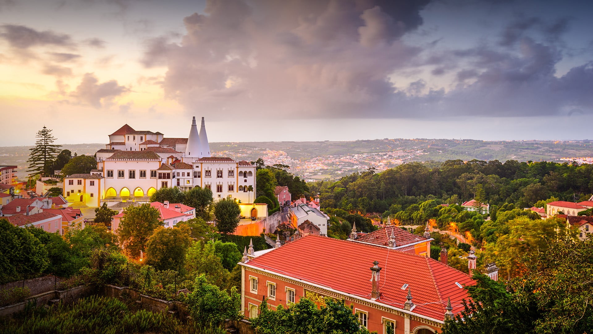 clouds, building, museum, 1080P, Sintra National Palace, Portugal, town, landscape, Lisbon, horizon, sky, trees, HD Wallpaper