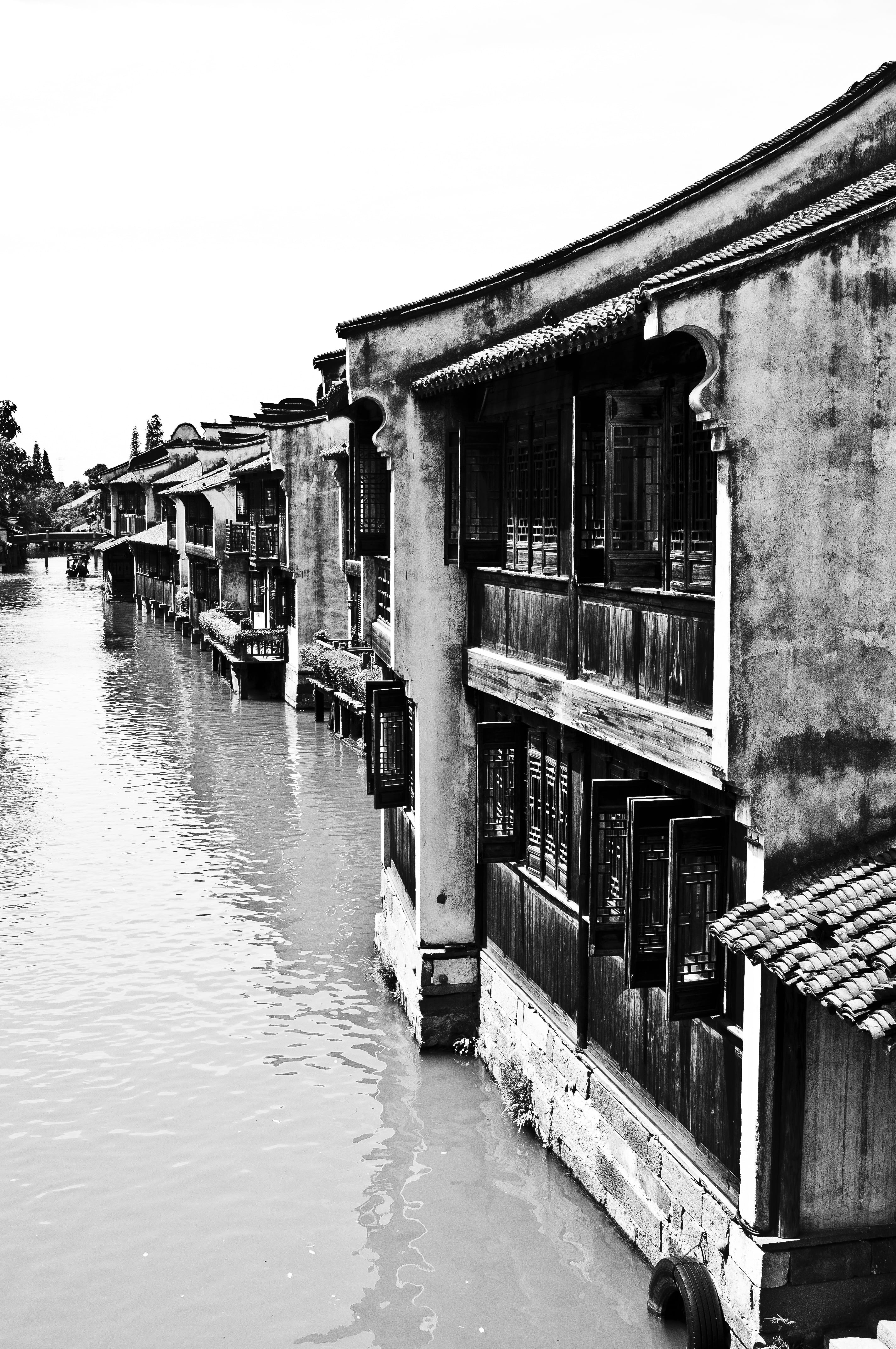 clear sky, 4K, wuzhen, water, architecture, nautical vessel, doors and windows, house, plant, ancient architecture, mode of transportation, building exterior, Phone HD Wallpaper