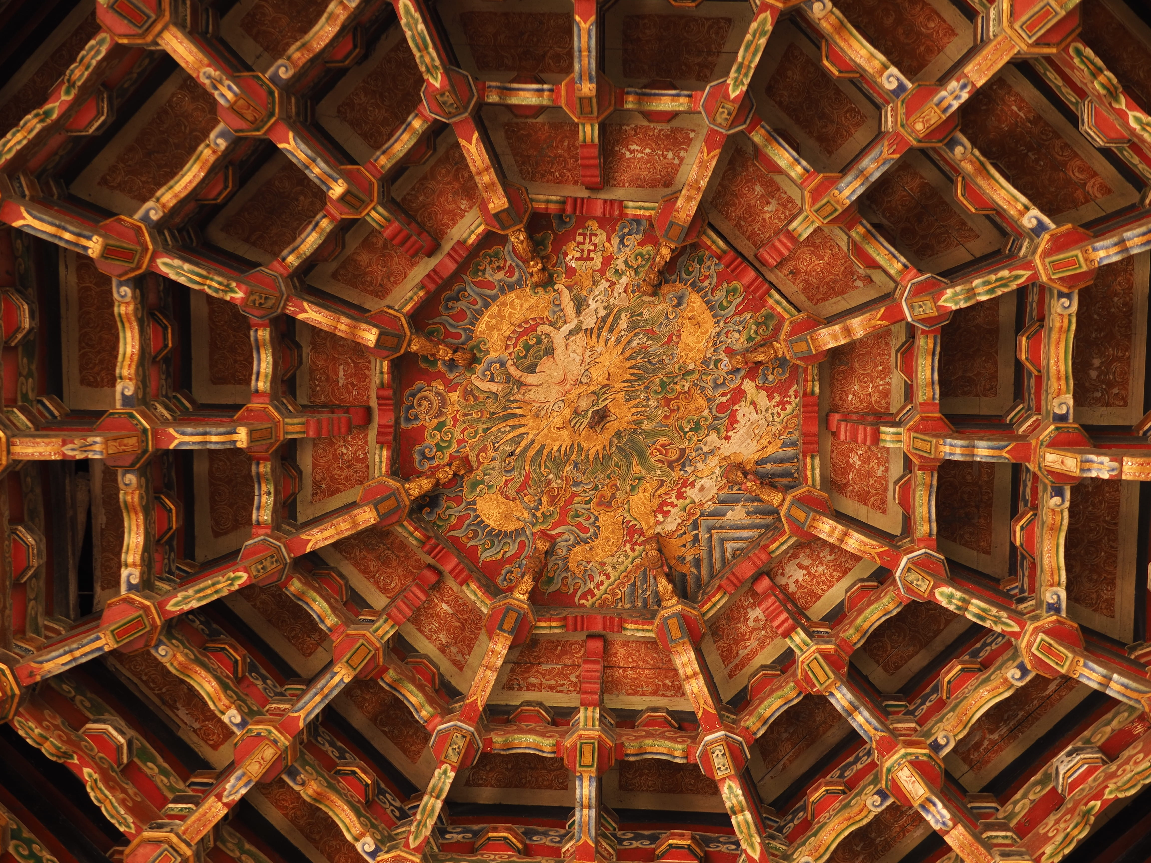 travel destinations, ceiling, mural, ornate, lukang township, low angle view, architecture, building, dragon, built structure, art and craft, backgrounds, HD Wallpaper
