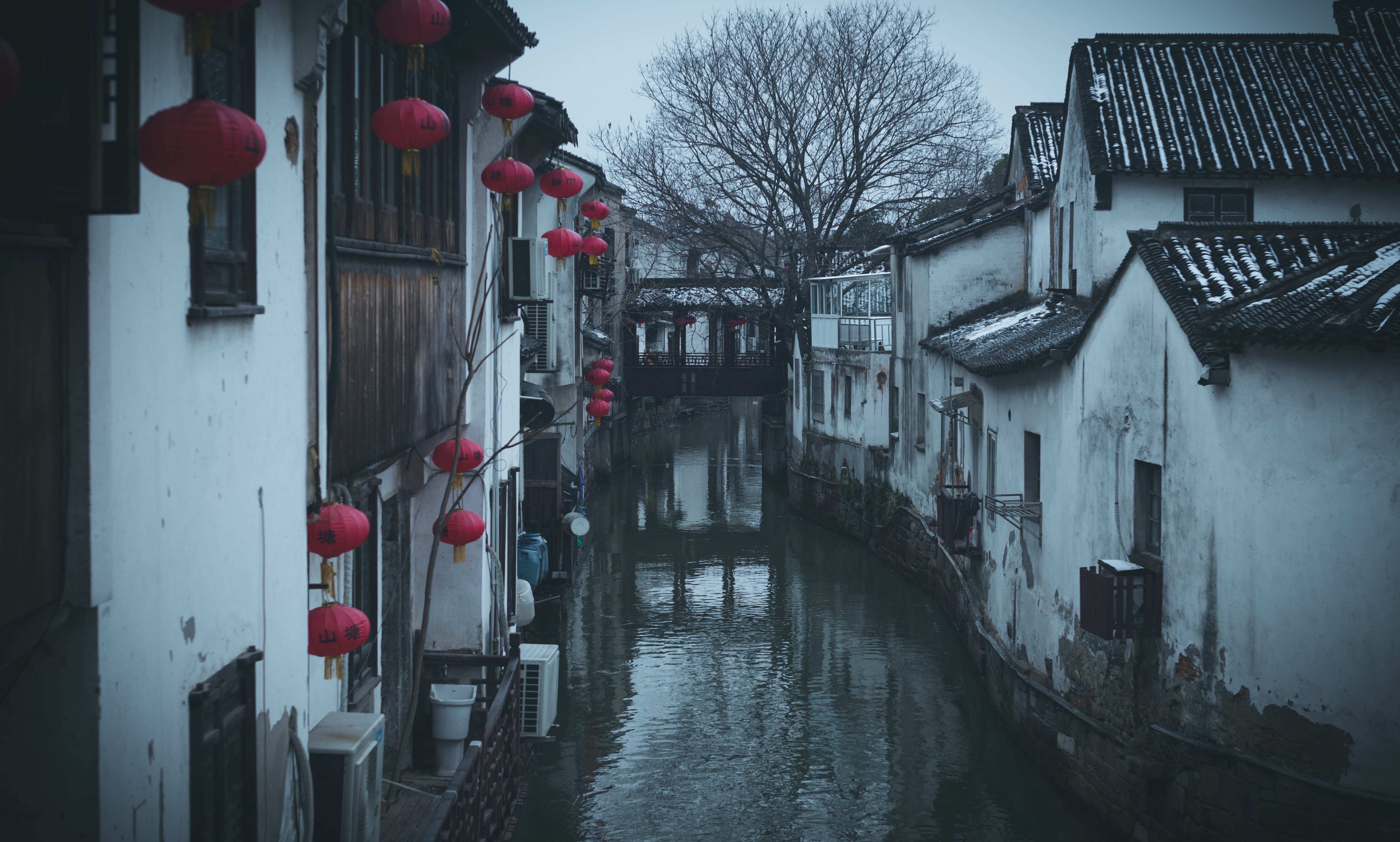 path, residential district, lighting equipment, pier, house, chinese lantern, flood, handrail, china, bare tree, lantern, architecture, no people, nature, HD Wallpaper