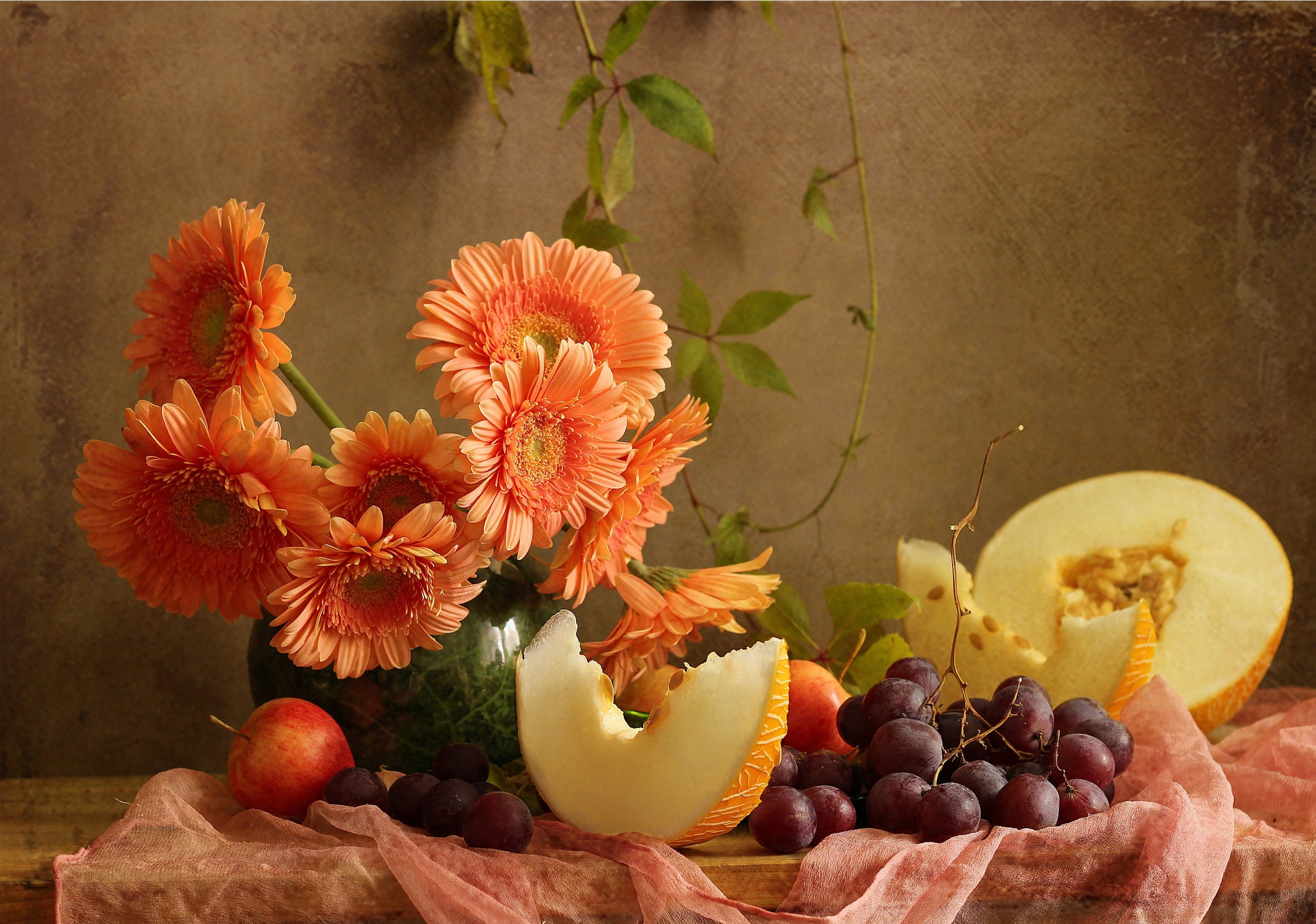 melon, 2K, vase, flowers, still life, fruit, gerbera, apples, grapes, Board, fabric, berries, HD Wallpaper