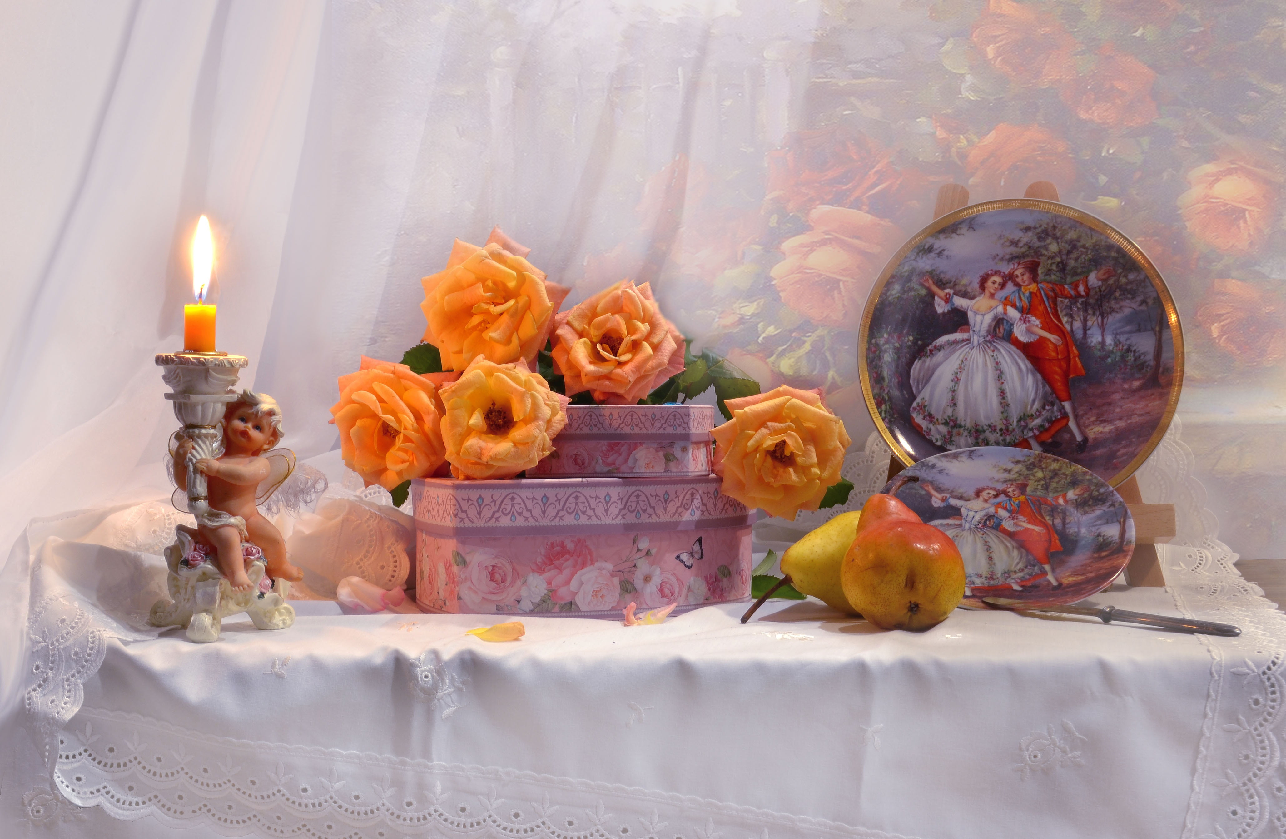 angel, 4K, still life, plates, fruit, candle, pear, table, flowers, box, knife, Valentina Fencing, roses, HD Wallpaper