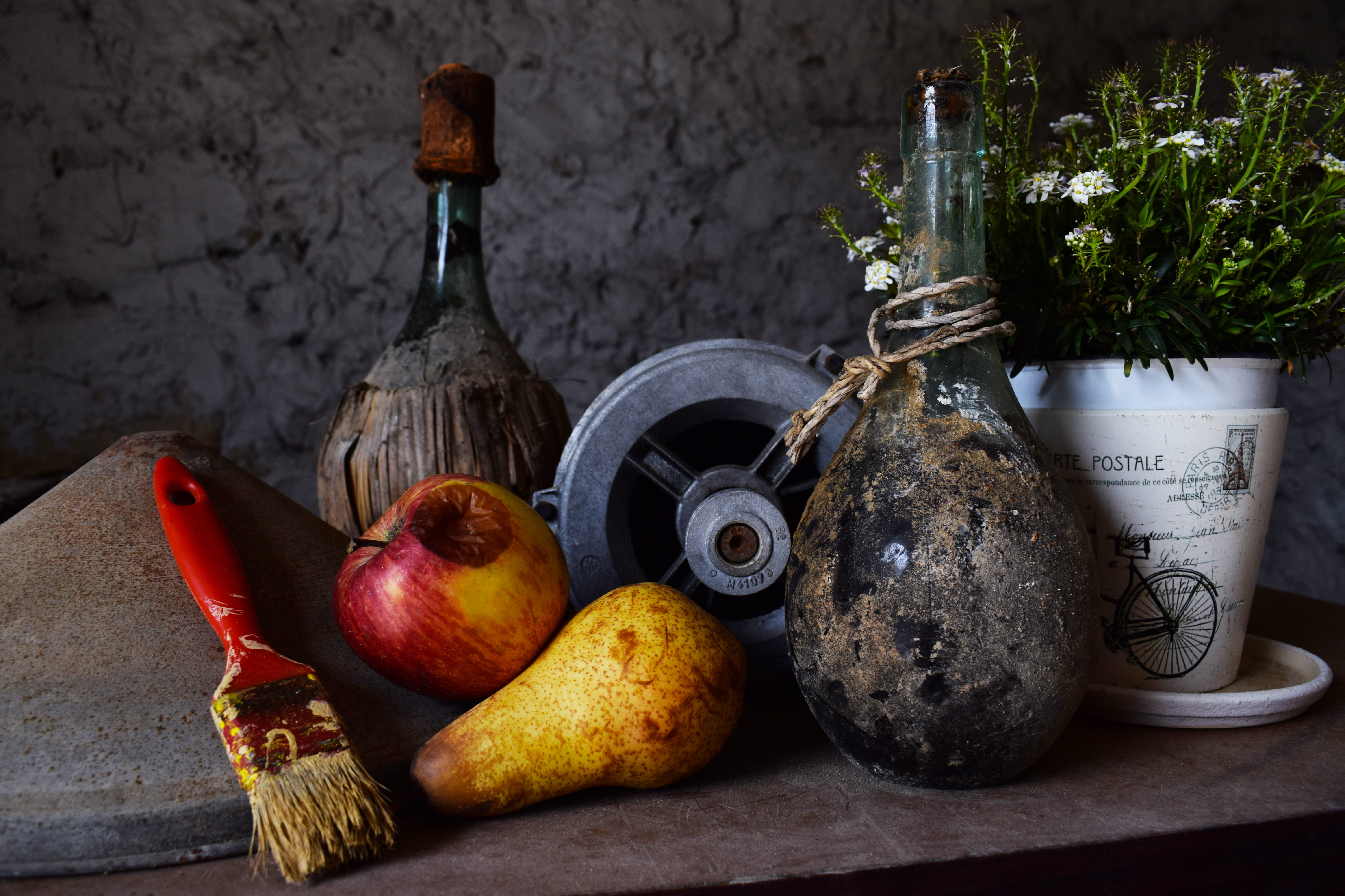 pot, fruits, food and drink, paint, choice, 5K, apple - fruit, table, fruit, no people, italy, paint brush, plant, art, lifestyle, tuscany, indoors, flower pot, HD Wallpaper