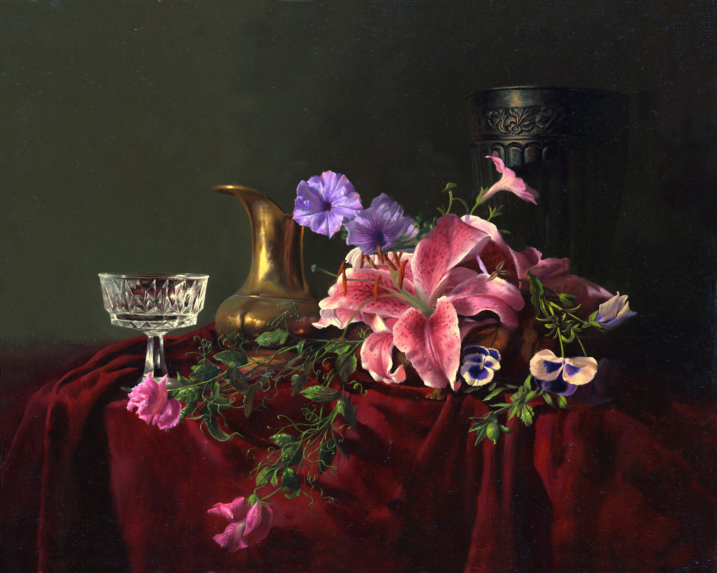 table, still life, Lily, forget-me-nots, Alexei Antonov, fabric, crystal, pitcher, 1080P, flowers, picture, glass, vase, HD Wallpaper