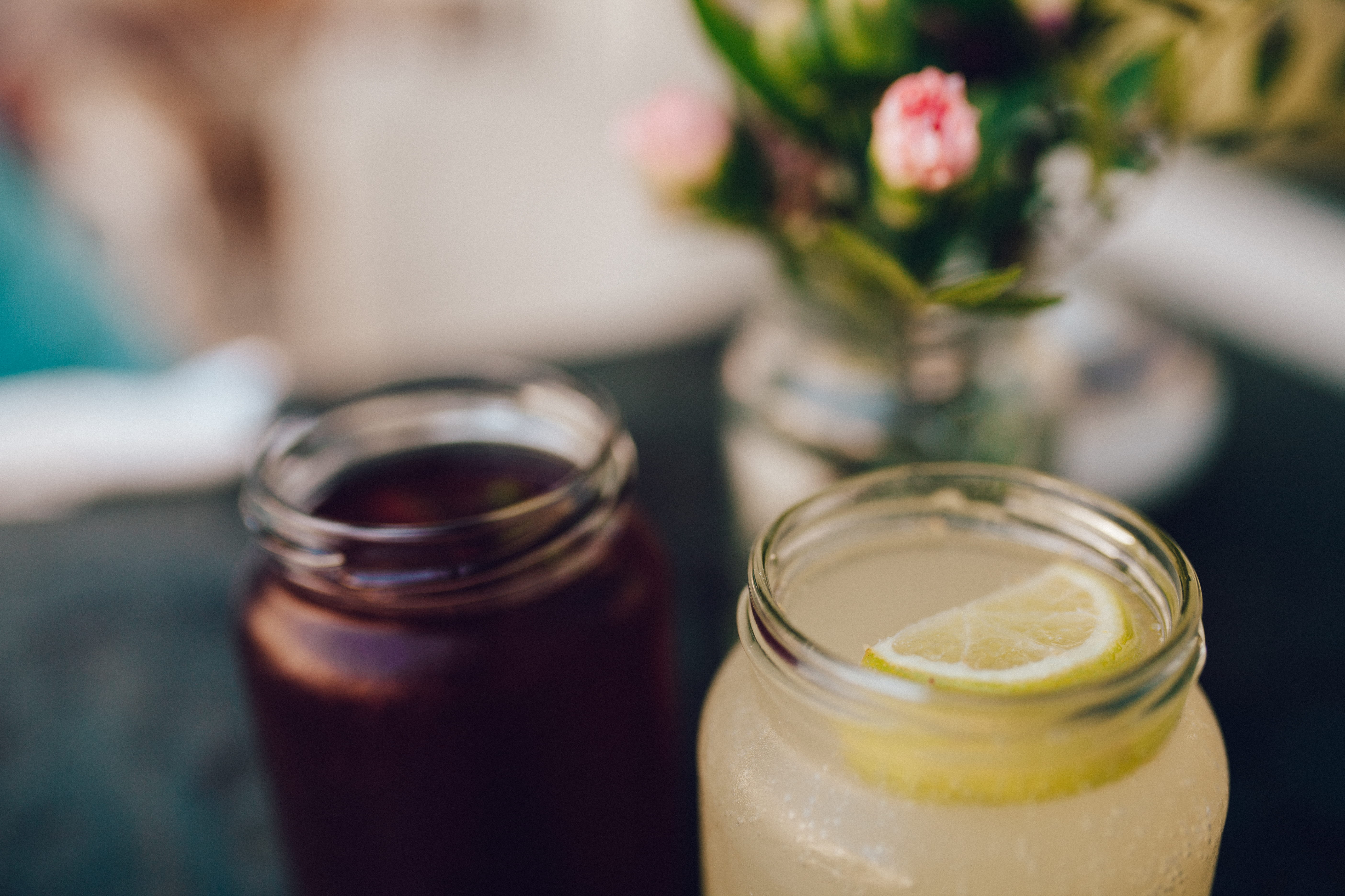 still life, cup, cold, drink, flower, bottle, no people, table, refreshment, blur, health, mason, clear, mason jars, container, beverages, flowering plant, HD Wallpaper