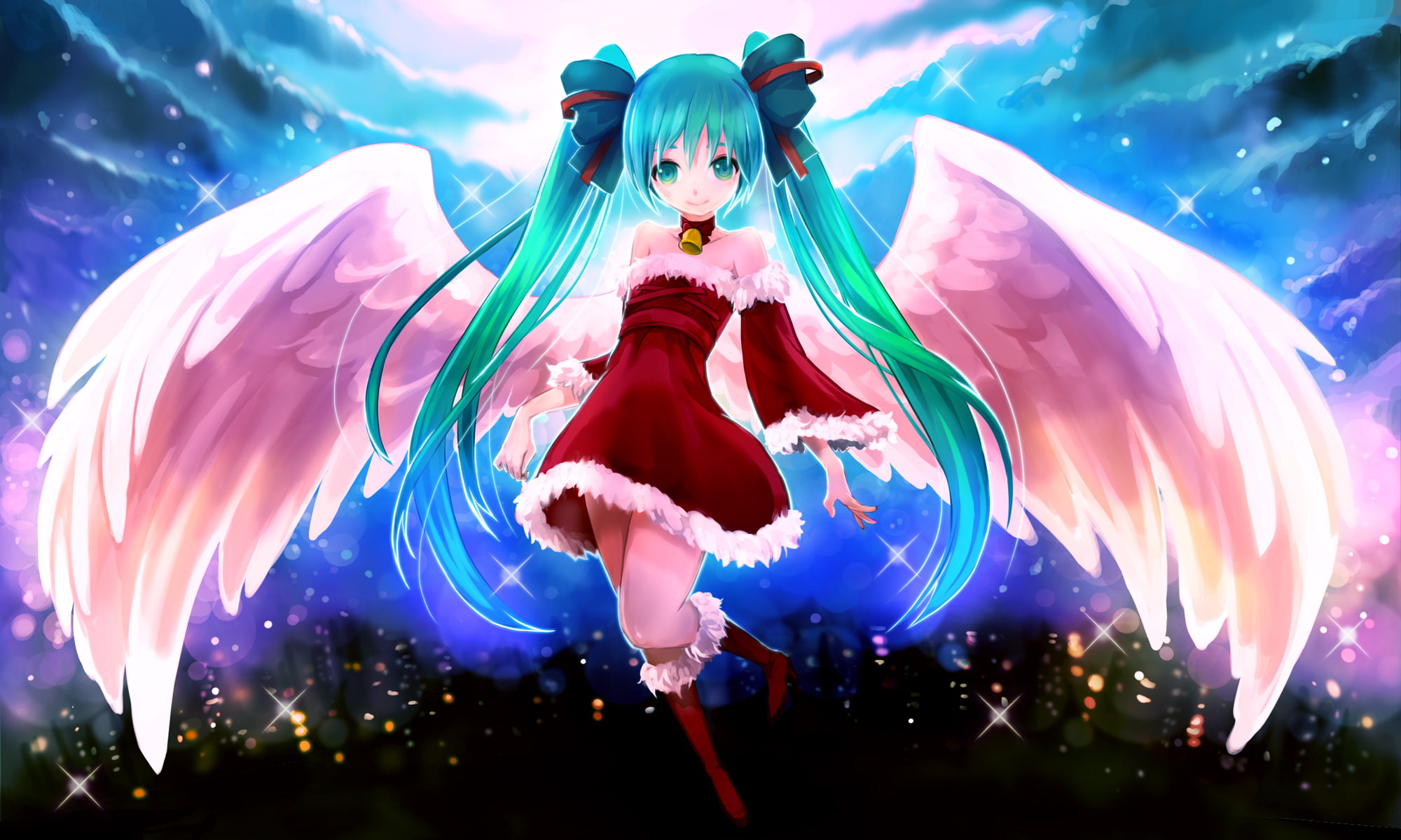 glass, tableclotharie9, books, moon, long, wings, vocaloid, painting, alexei, eyes, antonov, christmas, wine, life, hatsune, table, miku, lilies, twintails, HD Wallpaper