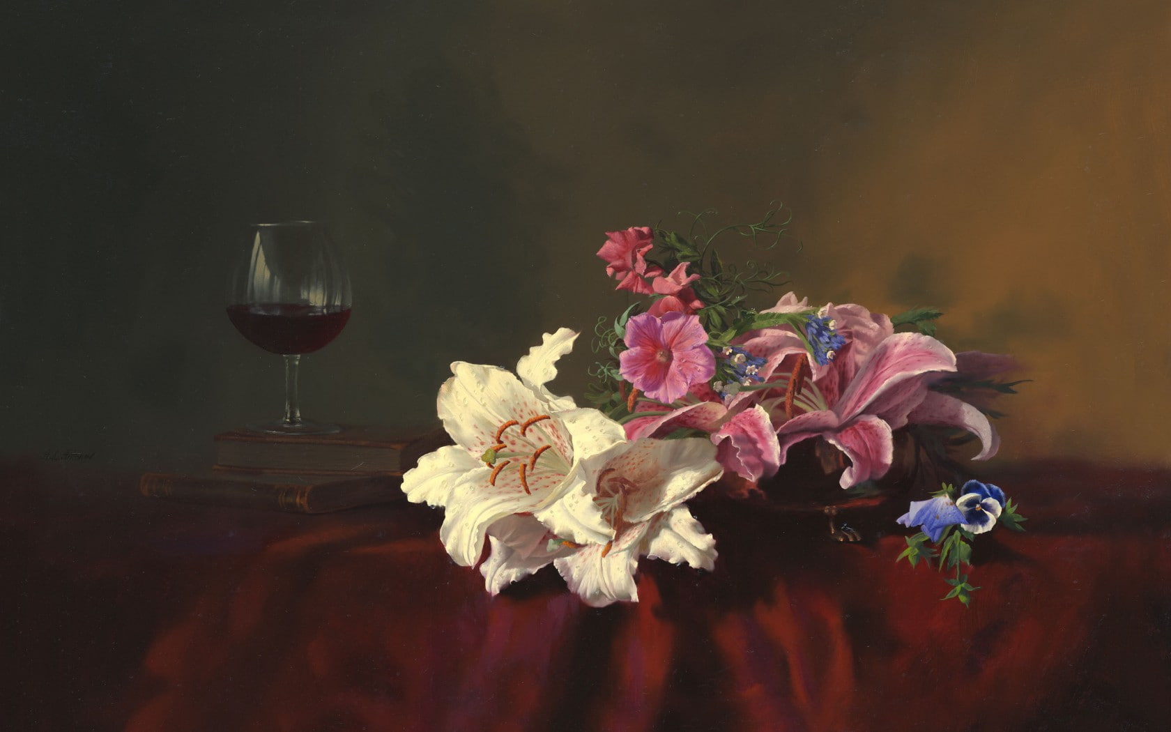 flowers, table, tablecloth, books, alexei, 720P, painting, lilies, life, wine, antonov, glass, HD Wallpaper