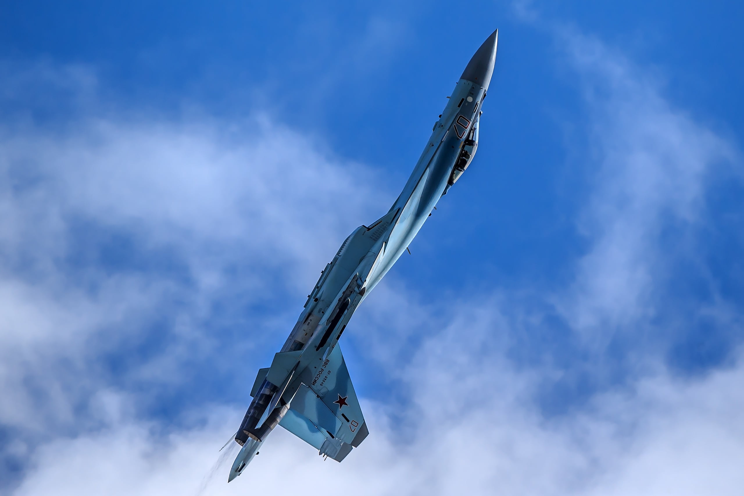 mode of transportation, low angle view, Su-35, air vehicle, cloud - sky, The Russian air force, day, sky, " Falcons Of Russia", Cobra, airplane, on the move, HD Wallpaper