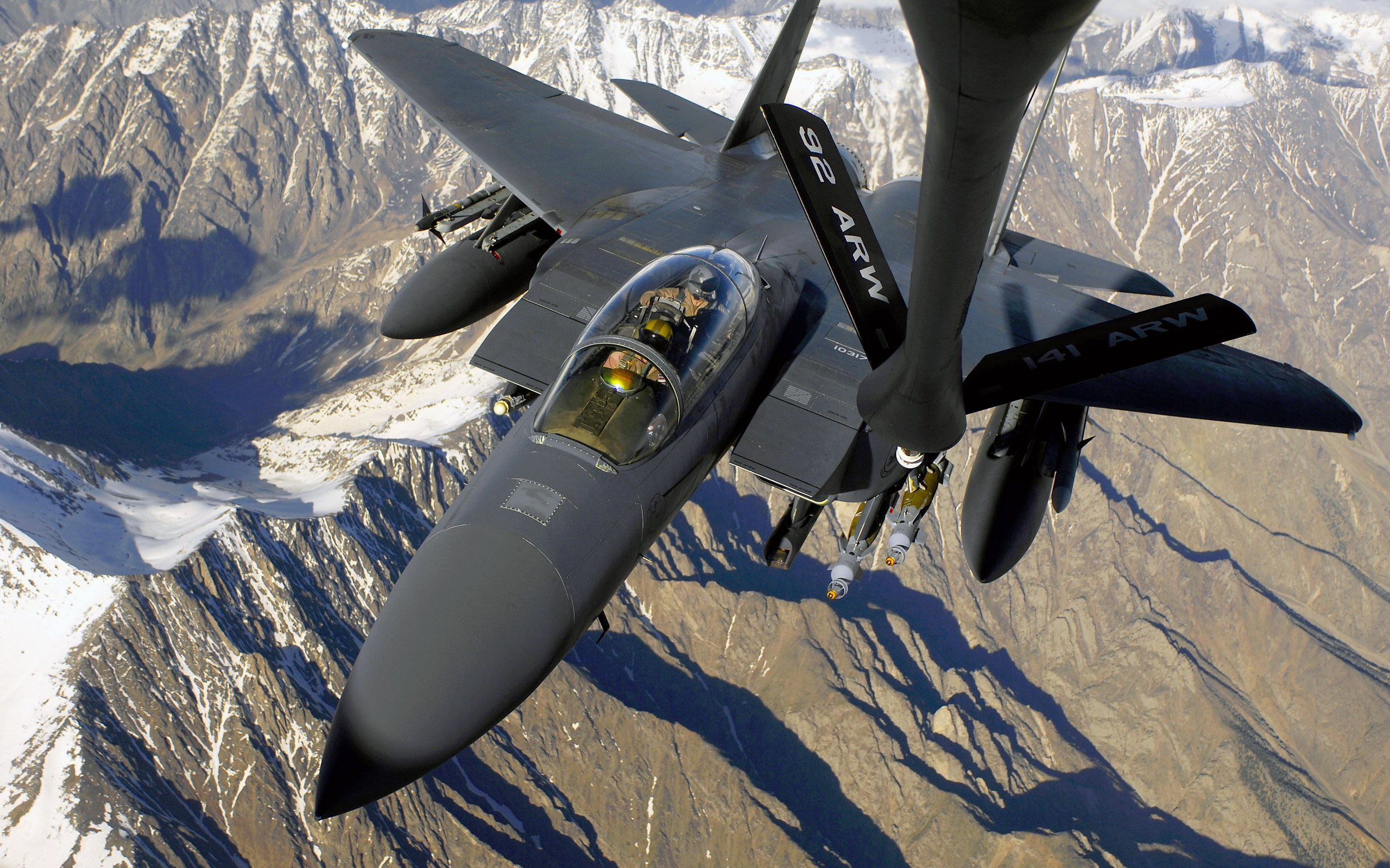 mountain, plane, day, transportation, air vehicle, nature, mountain range, sunlight, pilot, black, high angle view, F-15E, propeller, cockpit, HD Wallpaper