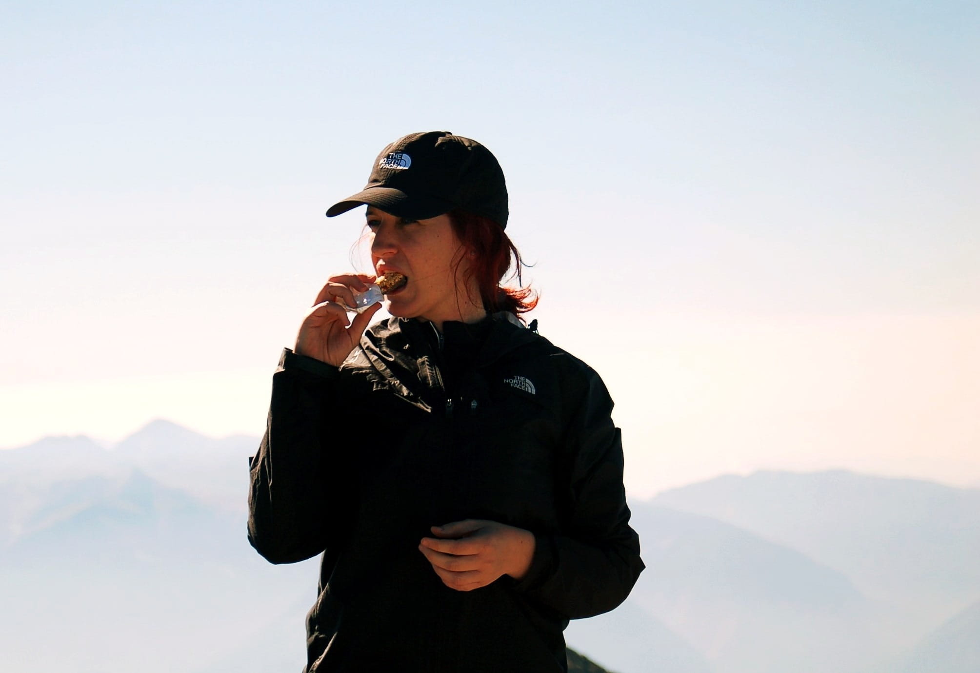 top, waist up, rest, real people, black, eating, girl, casual clothing, one Person, hiking, one woman only, clear sky, mountain, lifestyles, adult, clothing, HD Wallpaper