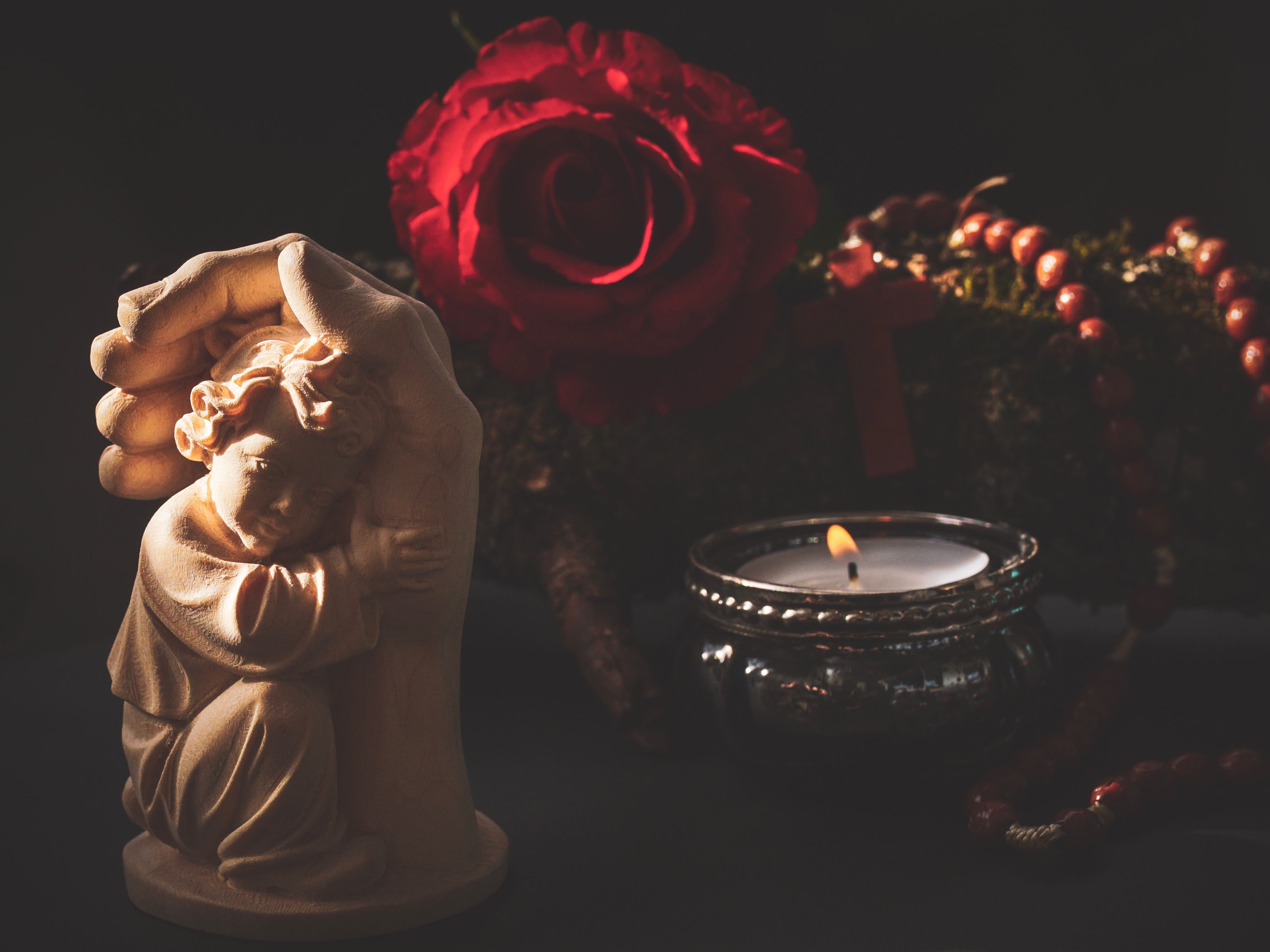 prayer, flame, fire, all souls, all saints, sculpture, love, harmony, indoors, spirituality, fire - natural phenomenon, pray, wood carving, hope, human representation, HD Wallpaper