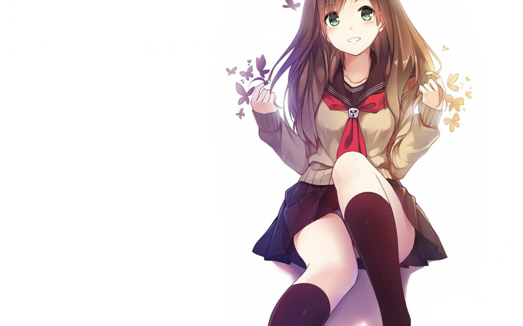 brown-hair, long-hair, nice, girl, cool, school-uniform, swee, happy, anime-girl, pretty, schoolgirl, greeneyes, 720P, blush, HD Wallpaper