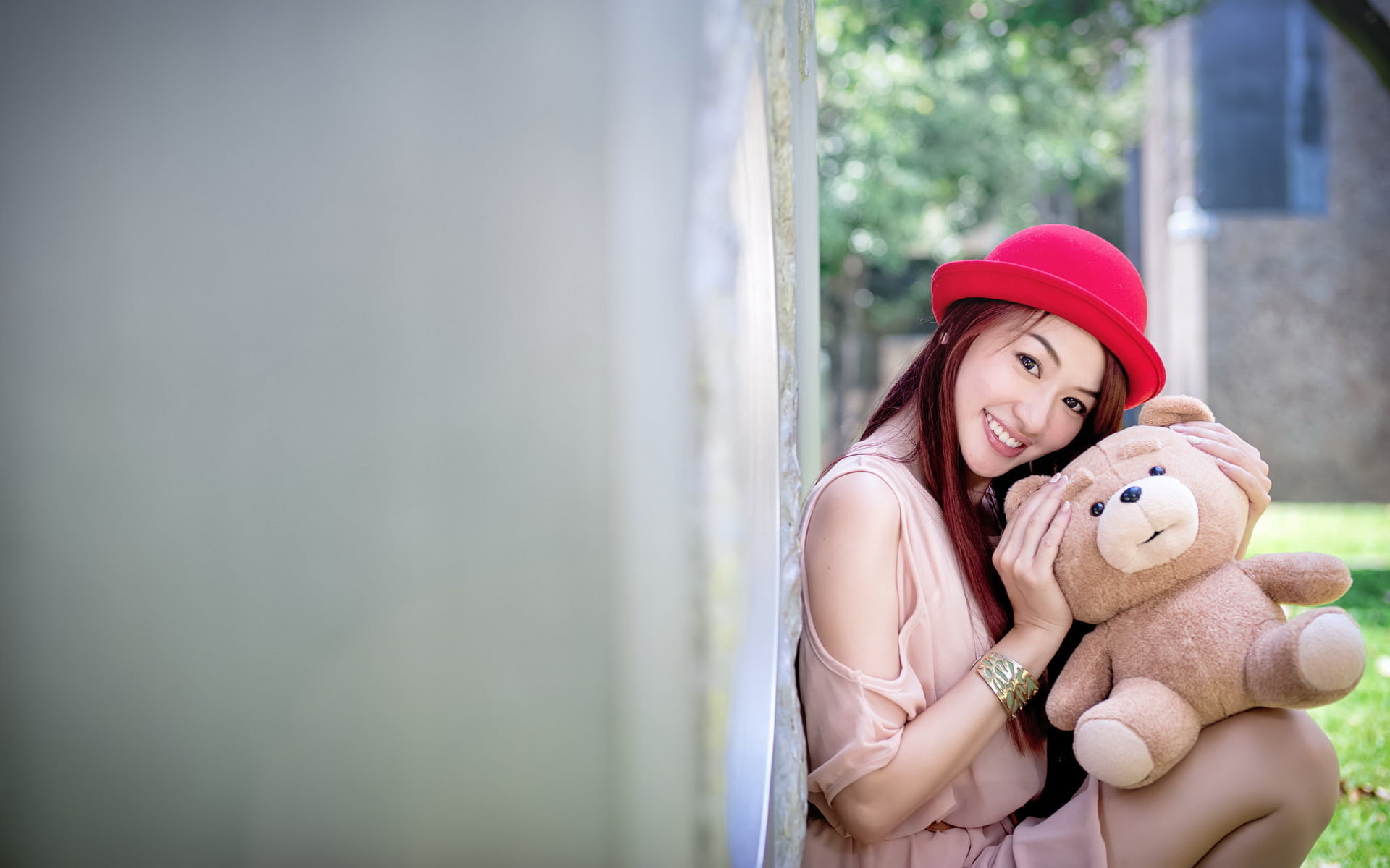 front view, hat, beautiful woman, one person, women, lifestyles, smiling, day, portrait, outdoors, teddy bear, happiness, clothing, toy, emotion, stuffed toy, HD Wallpaper