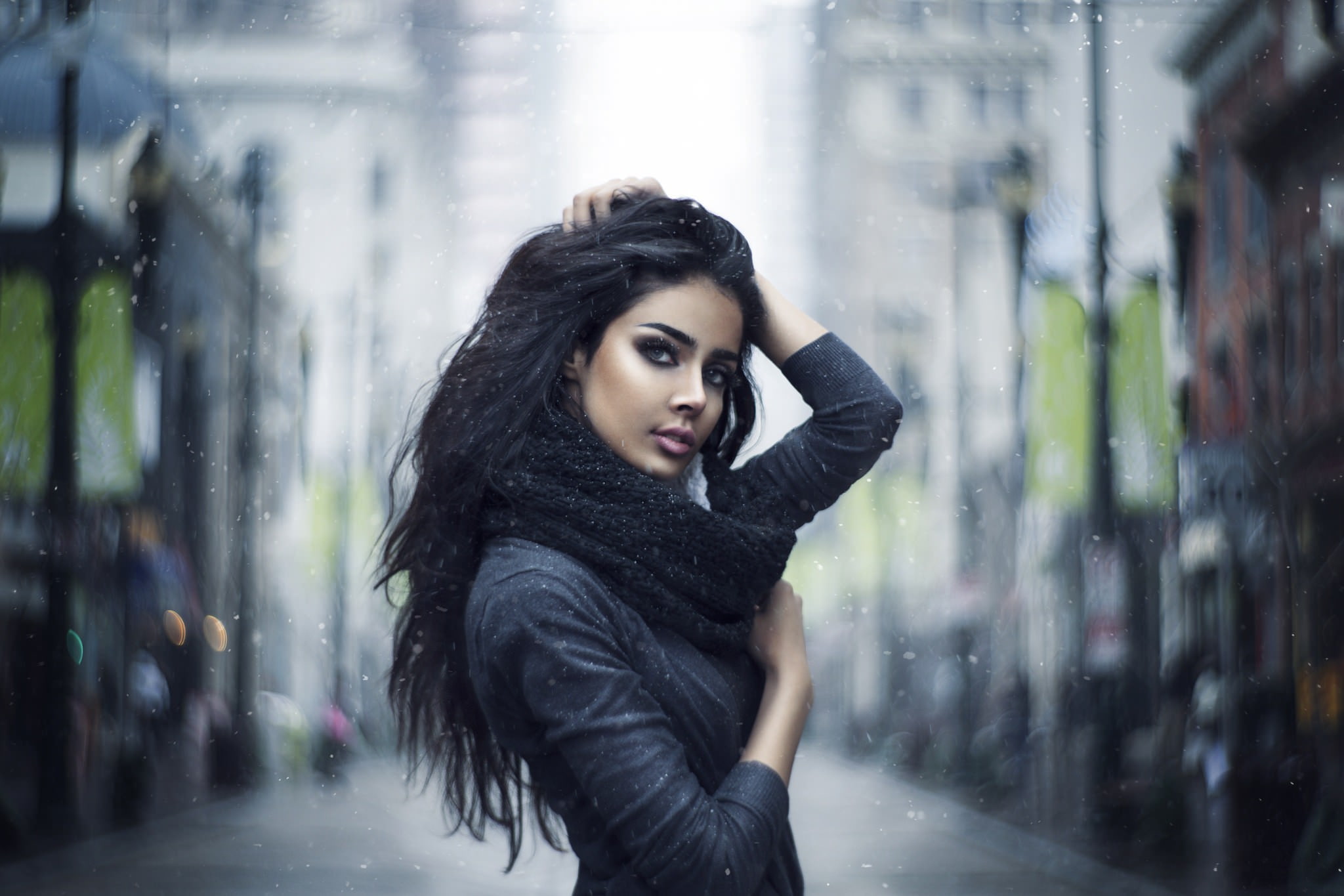model, brunette, portrait, hands on head, looking at viewer, 1080P, women, snow, long hair, face, HD Wallpaper