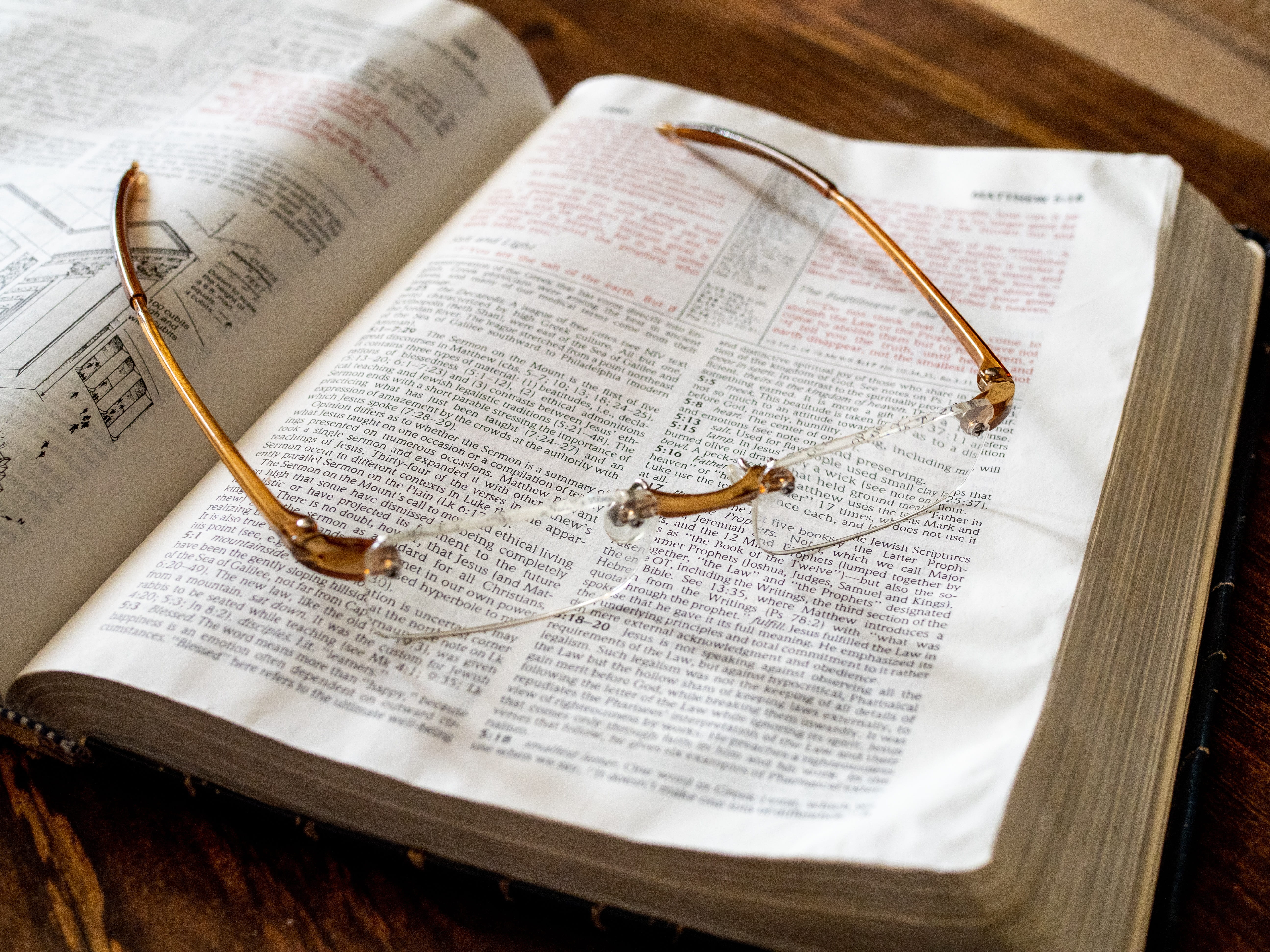 page, indoors, god, christianity, pages, two objects, study, spirituality, text, book, knowledge, christian, publication, bible, religion, wisdom, glasses, HD Wallpaper
