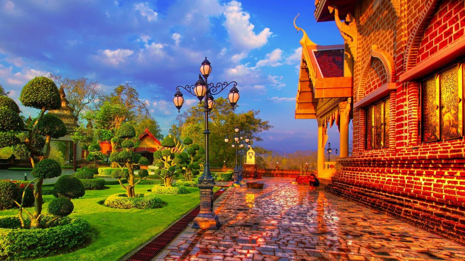 outdoors, life, building exterior, ornamental garden, religion, formal garden, 1080P, countryside, lifestyle, belief, footpath, built structure, architecture, HD Wallpaper
