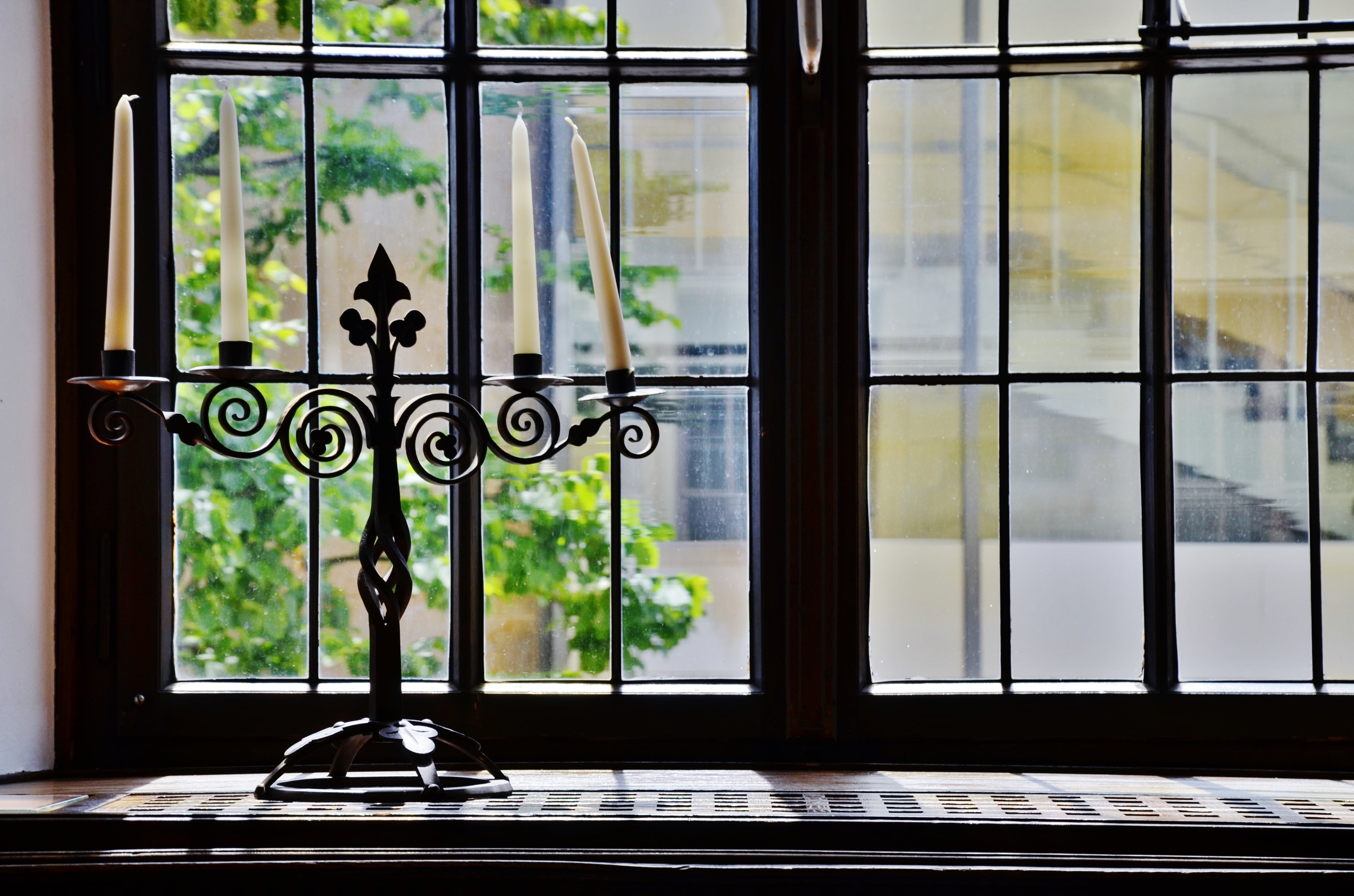 black, candle holders, built structure, window sill, transparent, domestic room, candlelight, candles, window frame, glass - material, no people, house, HD Wallpaper