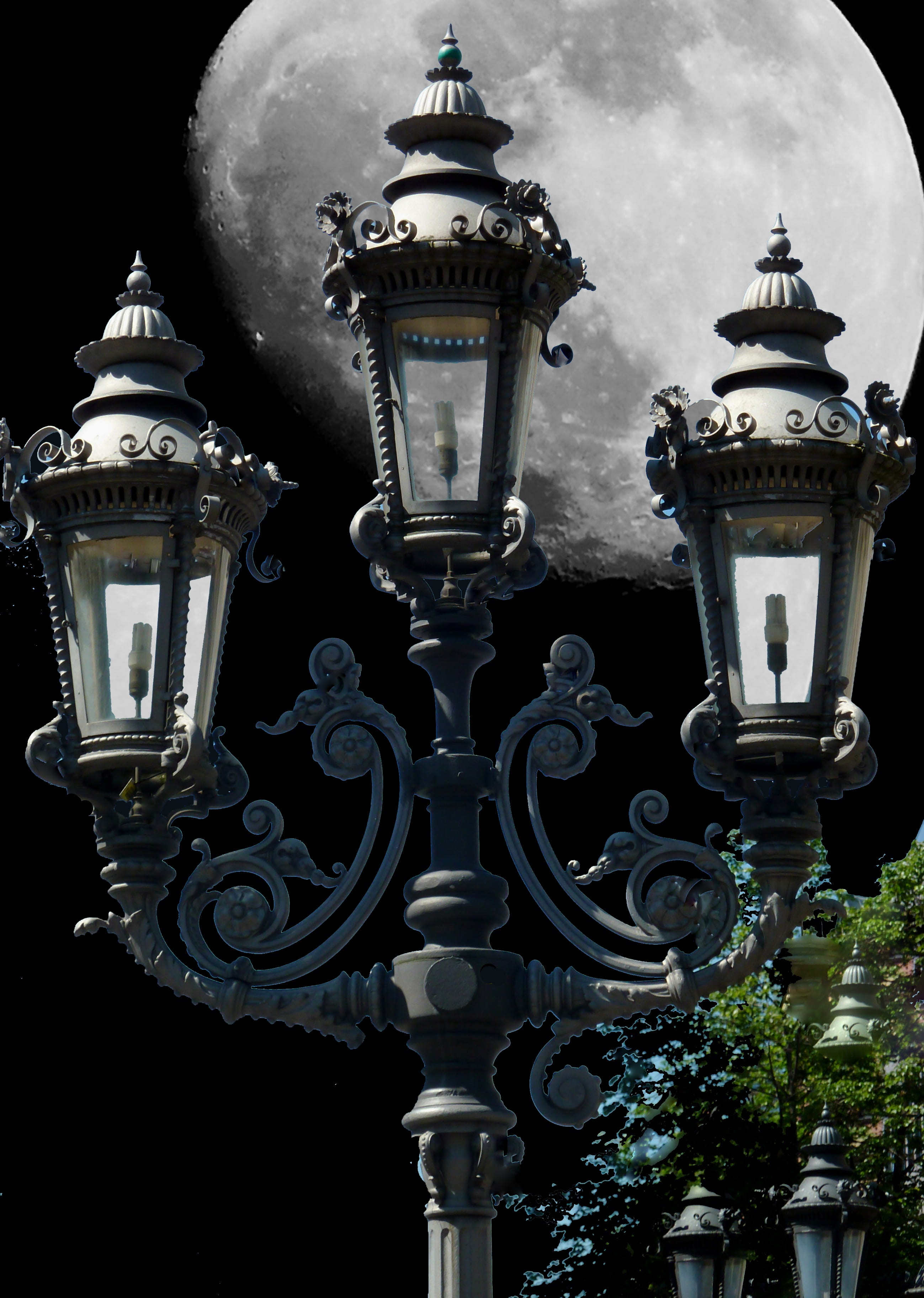 day, antique, street light, close-up, nature, low angle view, full moon, bulbs, electric light, lighting equipment, hell, wrought iron, lamp, candelabra, Phone HD Wallpaper